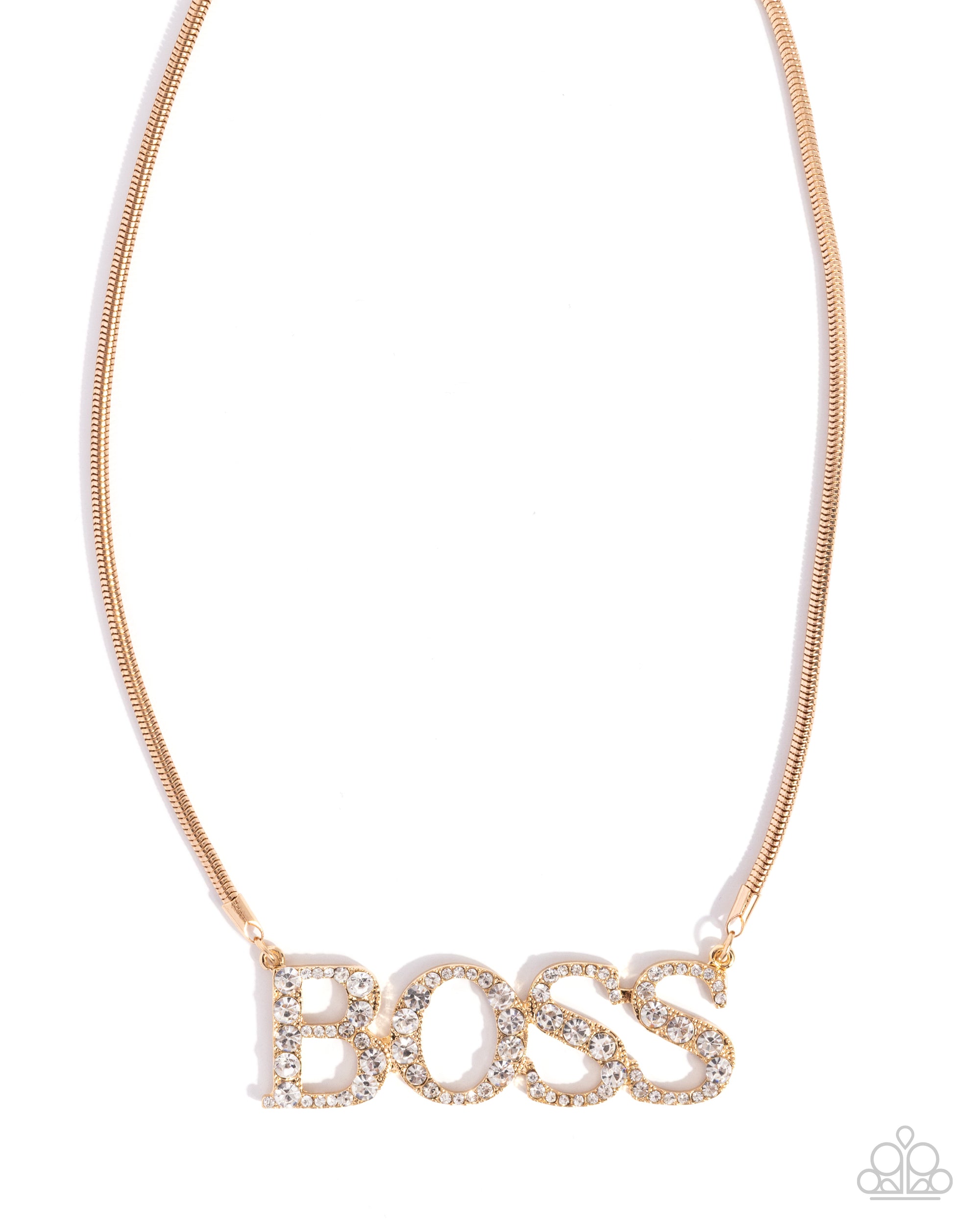 Final Boss Gold & White Rhinestone Necklace - Paparazzi Accessories- lightbox - CarasShop.com - Paparazzi Jewelry by Cara Jewels