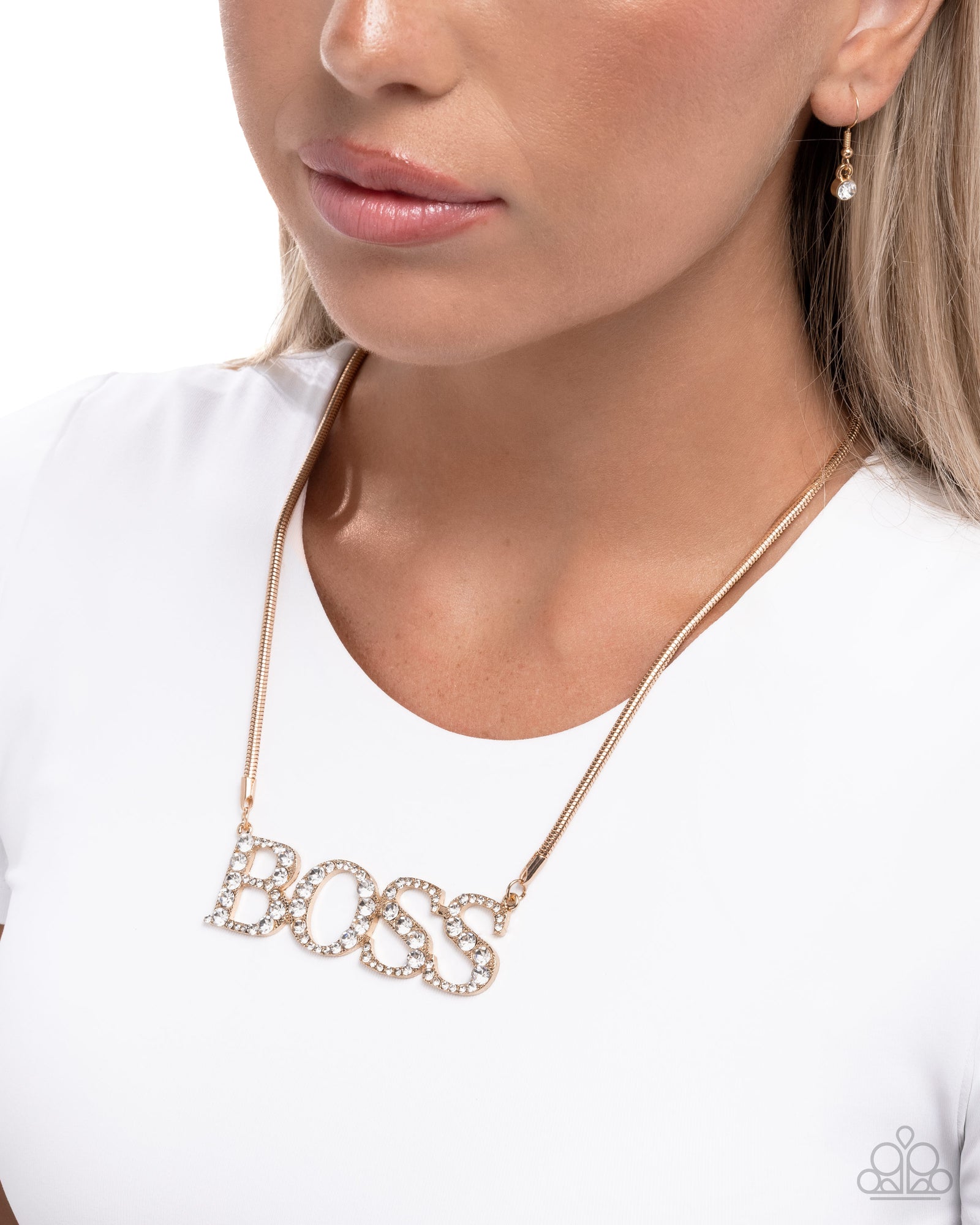 Final Boss Gold & White Rhinestone Necklace - Paparazzi Accessories- lightbox - CarasShop.com - Paparazzi Jewelry by Cara Jewels