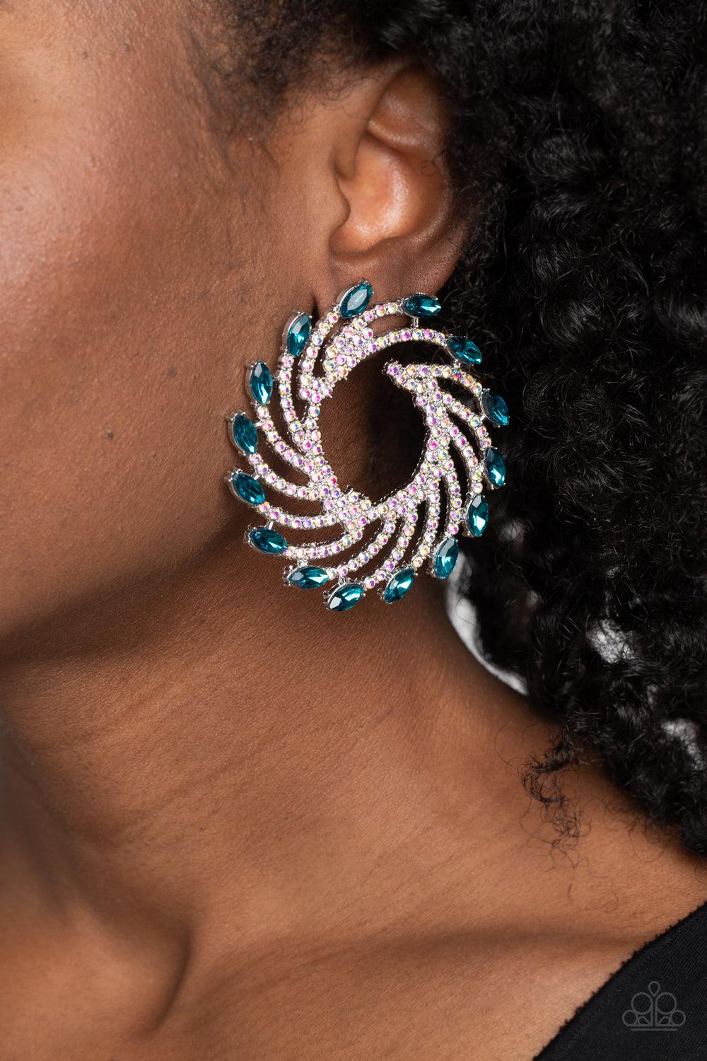 Firework Fanfare Blue Earrings - Paparazzi Accessories- on model - CarasShop.com - Paparazzi Jewelry by Cara Jewels