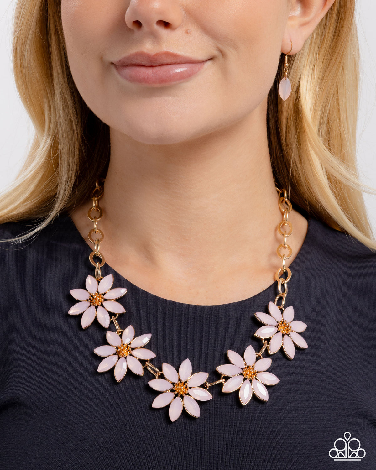 First Date Flowers Pink & Gold Floral Necklace - Paparazzi Accessories-on model - CarasShop.com - Paparazzi Jewelry by Cara Jewels