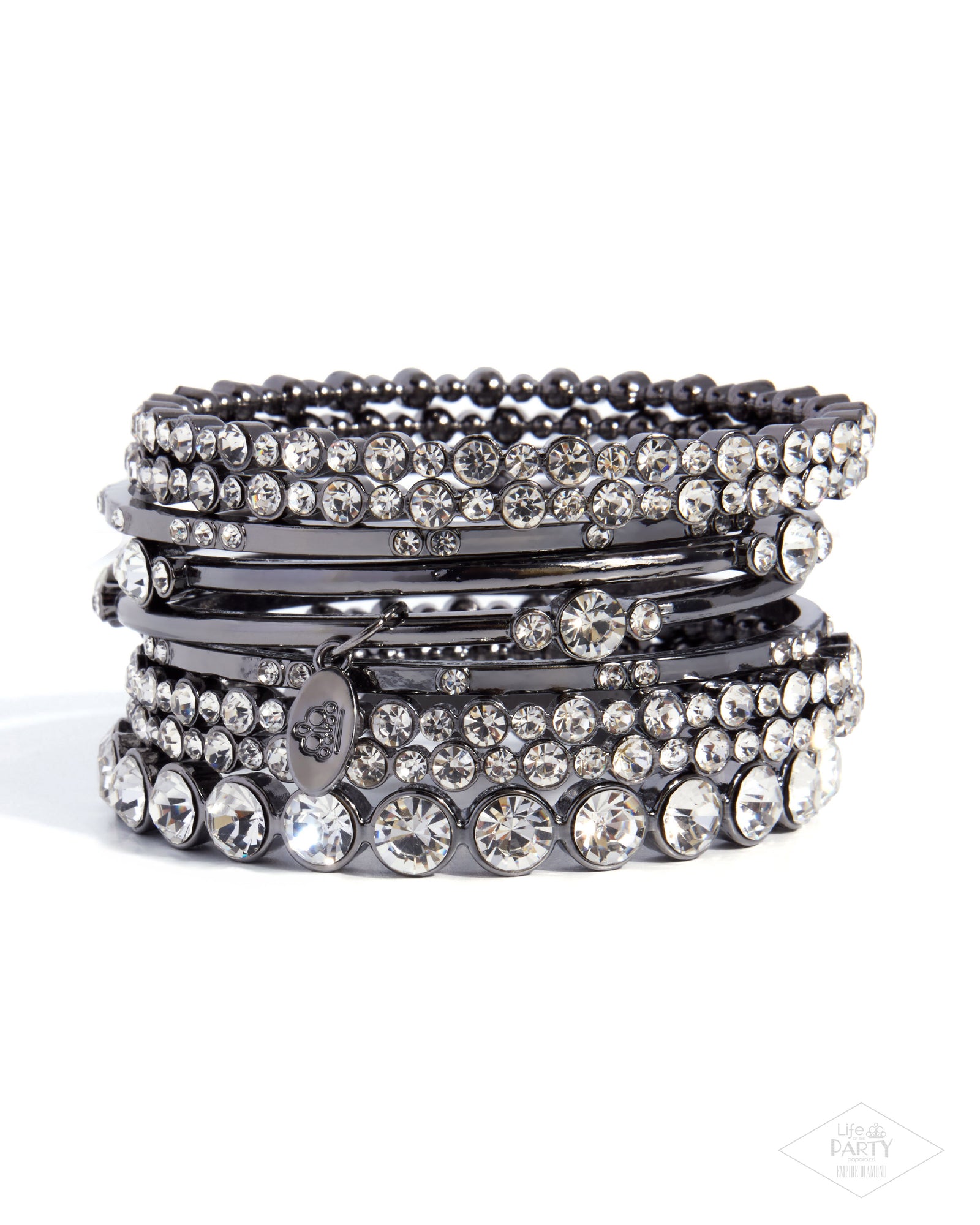 Five-Star Trendsetter Gunmetal Black and White Rhinestone Zi Collection Bangle Bracelet Set - Paparazzi Accessories- lightbox - CarasShop.com - Paparazzi Jewelry by Cara Jewels