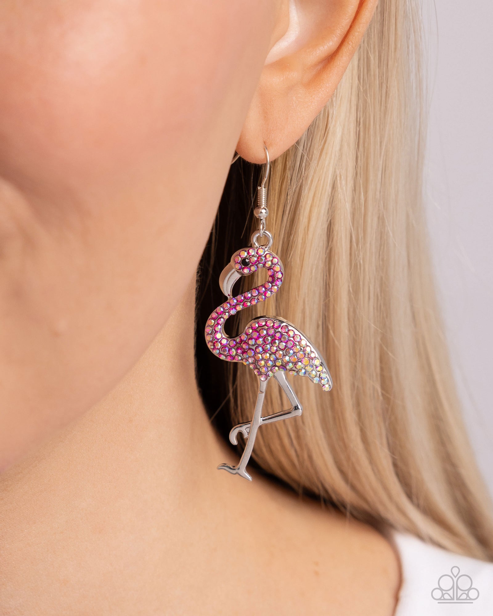 Flamingo Flourish Pink & Iridescent Rhinestone Earrings - Paparazzi Accessories- lightbox - CarasShop.com - Paparazzi Jewelry by Cara Jewels