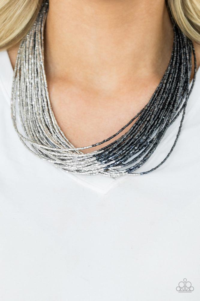 Flashy Fashion Blue & Silver Seed Bead Necklace - Paparazzi Accessories- on model - CarasShop.com - Paparazzi Jewelry by Cara Jewels