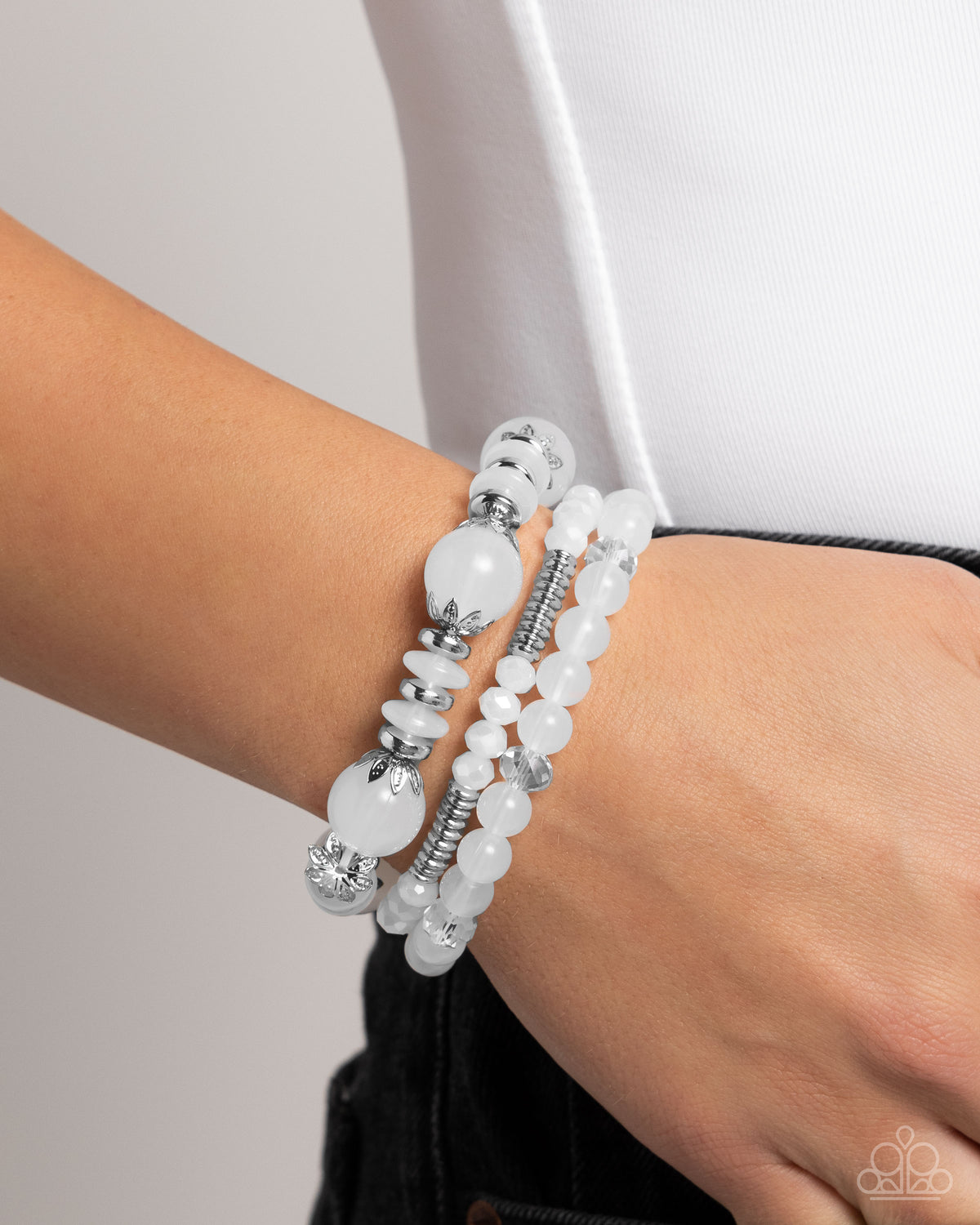 Flashy Frugality White Bracelet - Paparazzi Accessories- on model - CarasShop.com - Paparazzi Jewelry by Cara Jewels