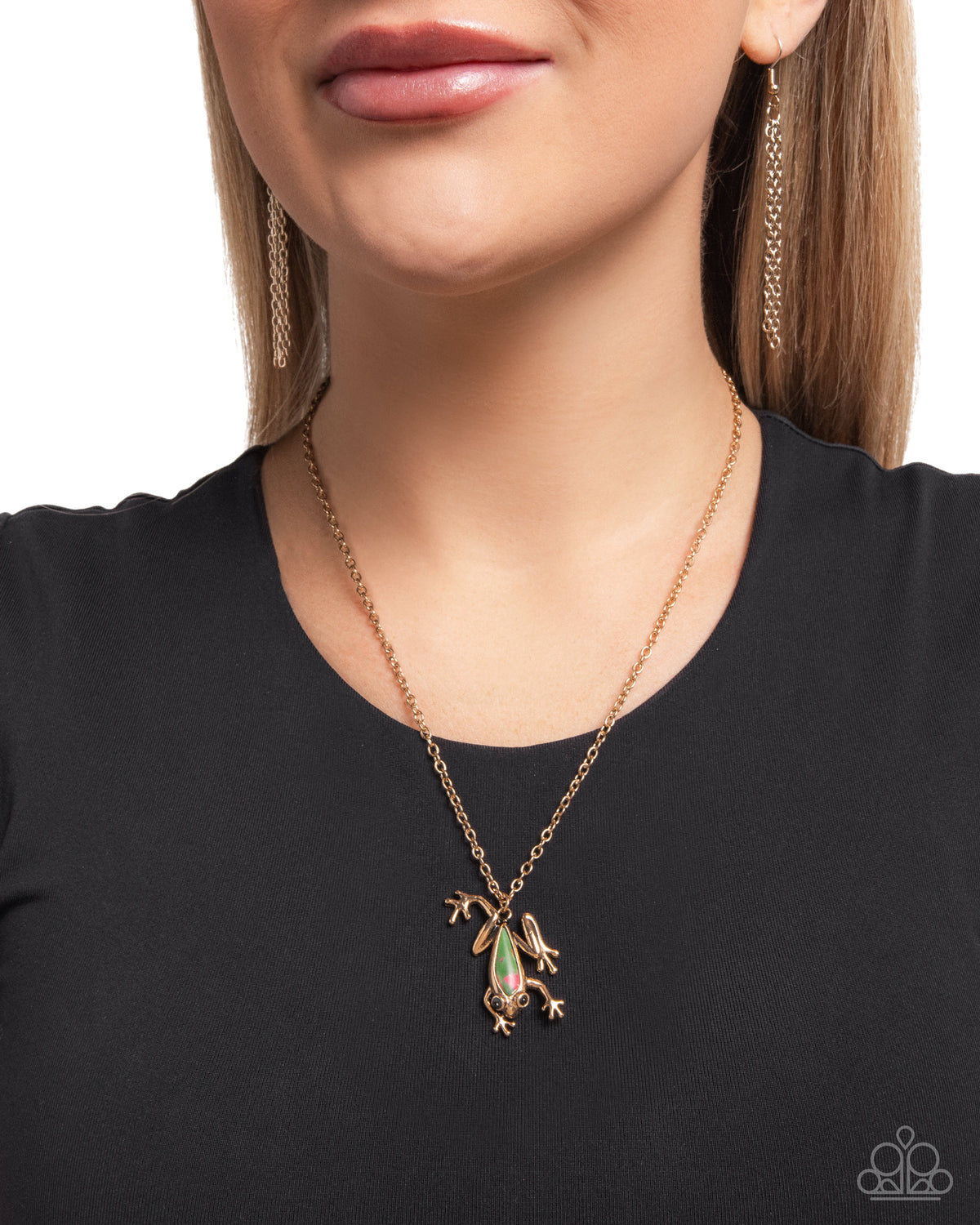 Flashy Tree Frog Multi Gold & Green Marble Stone Necklace - Paparazzi Accessories-on model - CarasShop.com - Paparazzi Jewelry by Cara Jewels
