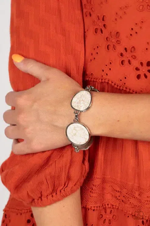 Flat Out Frontier White Bracelet - Paparazzi Accessories-on model - CarasShop.com - Paparazzi Jewelry by Cara Jewels