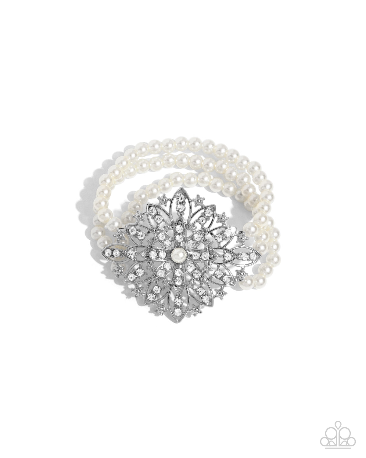 Flattering Florals White Pearl & Rhinestone Bracelet - Paparazzi Accessories- lightbox - CarasShop.com - Paparazzi Jewelry by Cara Jewels