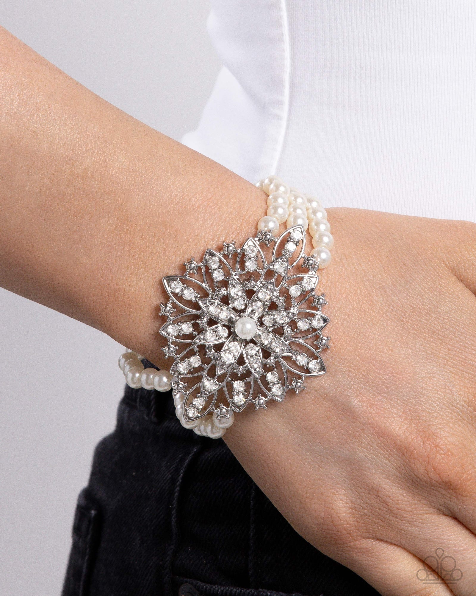 Flattering Florals White Pearl & Rhinestone Bracelet - Paparazzi Accessories- lightbox - CarasShop.com - Paparazzi Jewelry by Cara Jewels