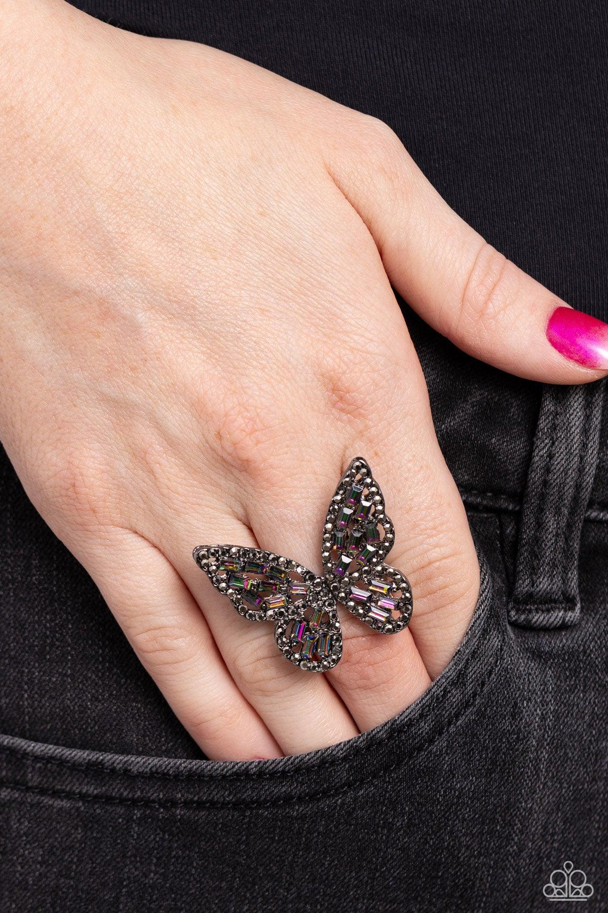 Flauntable Flutter Multi Oil Spill Butterfly Ring - Paparazzi Accessories- on model - CarasShop.com - Paparazzi Jewelry by Cara Jewels