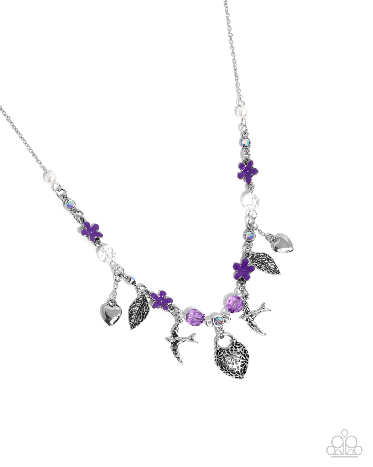 Flight of the Sparrow Purple & Silver Charm Necklace - Paparazzi Accessories- lightbox - CarasShop.com - Paparazzi Jewelry by Cara Jewels