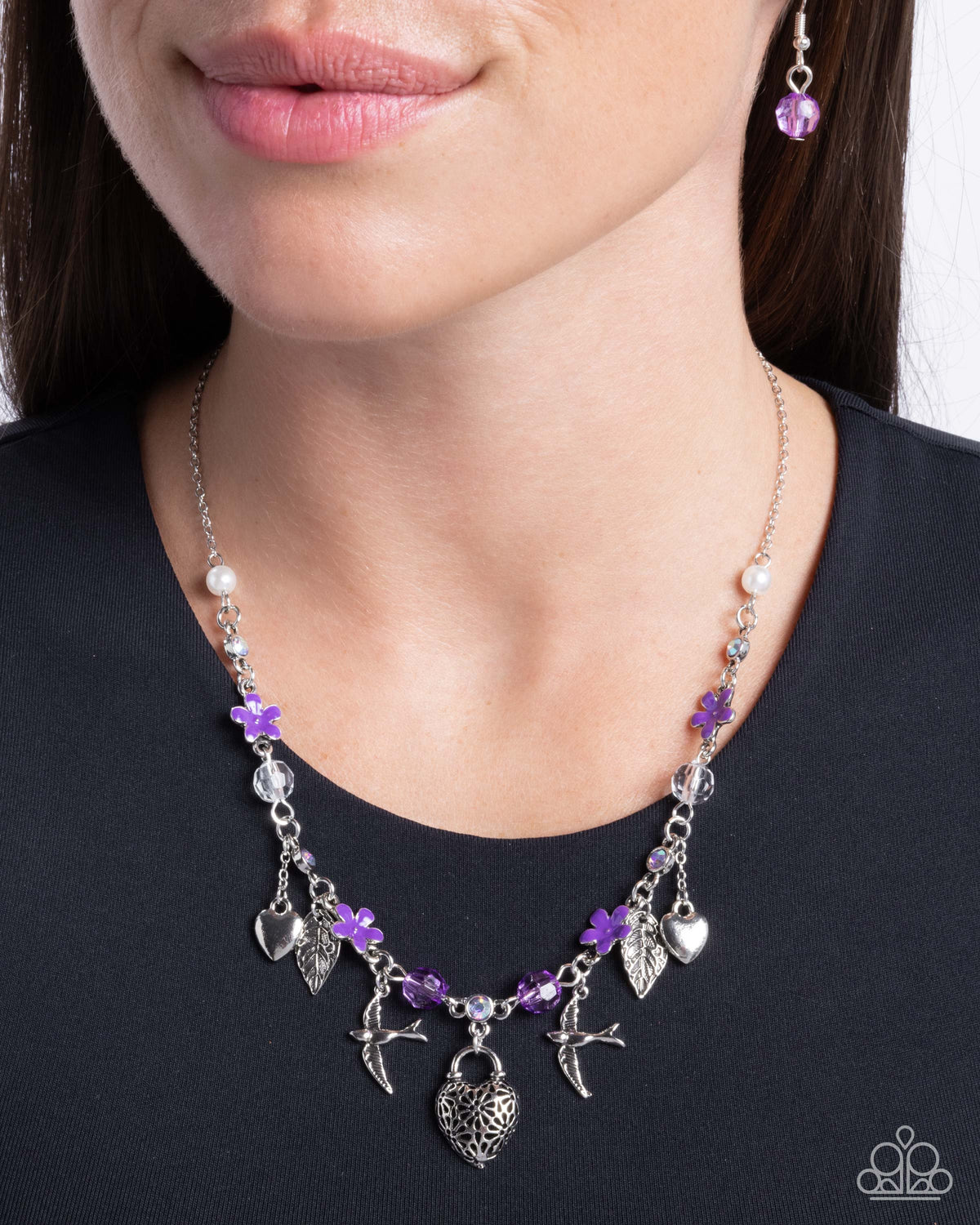 Flight of the Sparrow Purple & Silver Charm Necklace - Paparazzi Accessories- on model - CarasShop.com - Paparazzi Jewelry by Cara Jewels