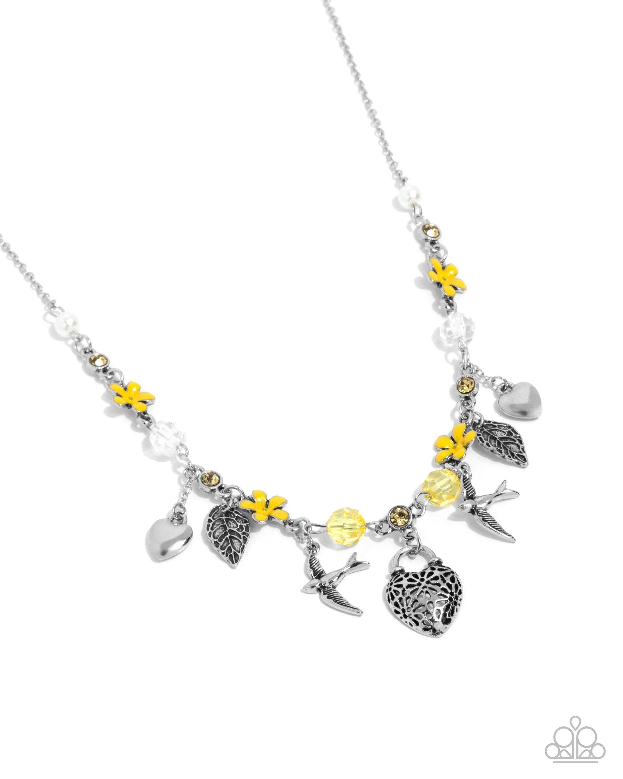 Flight of the Sparrow Yellow Flower and Silver Charm Necklace - Paparazzi Accessories- lightbox - CarasShop.com - Paparazzi Jewelry by Cara Jewels