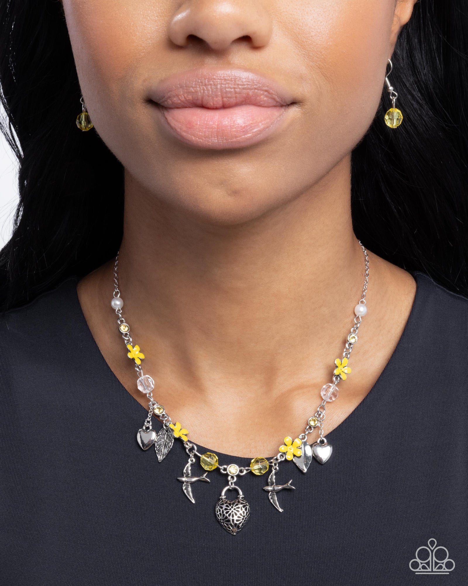 Flight of the Sparrow Yellow Flower and Silver Charm Necklace - Paparazzi Accessories- lightbox - CarasShop.com - Paparazzi Jewelry by Cara Jewels