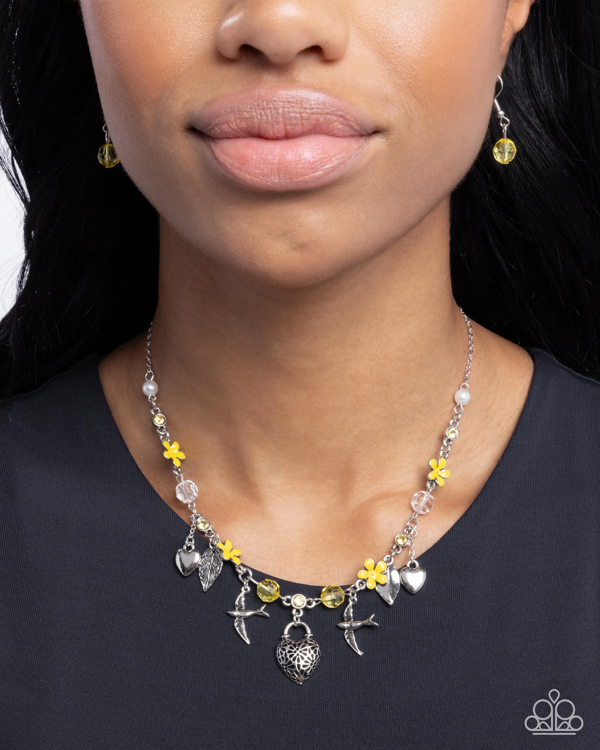 Flight of the Sparrow Yellow Flower and Silver Charm Necklace - Paparazzi Accessories- lightbox - CarasShop.com - Paparazzi Jewelry by Cara Jewels