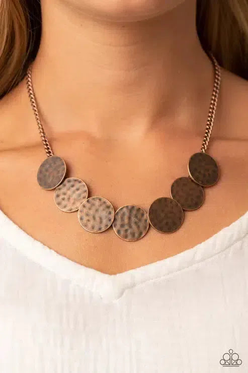 Flip A Coin Copper Necklace - Paparazzi Accessories-on model - CarasShop.com - Paparazzi Jewelry by Cara Jewels