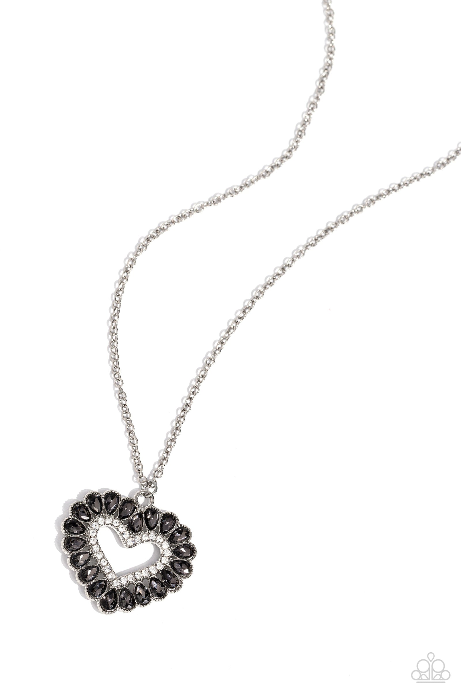 FLIRT No More Silver & White Rhinestone Heart Necklace - Paparazzi Accessories- lightbox - CarasShop.com - Paparazzi Jewelry by Cara Jewels