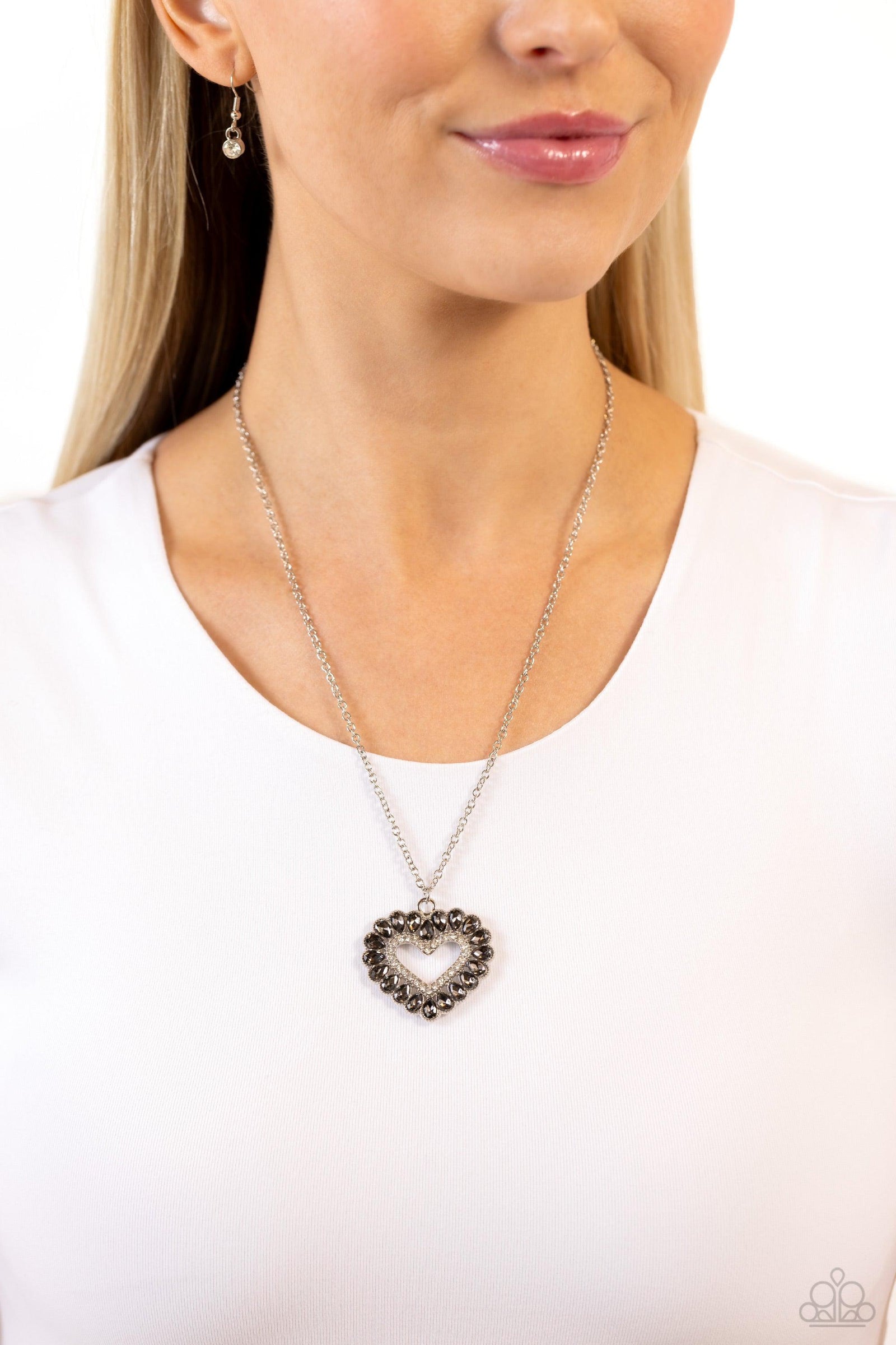 FLIRT No More Silver & White Rhinestone Heart Necklace - Paparazzi Accessories- lightbox - CarasShop.com - Paparazzi Jewelry by Cara Jewels
