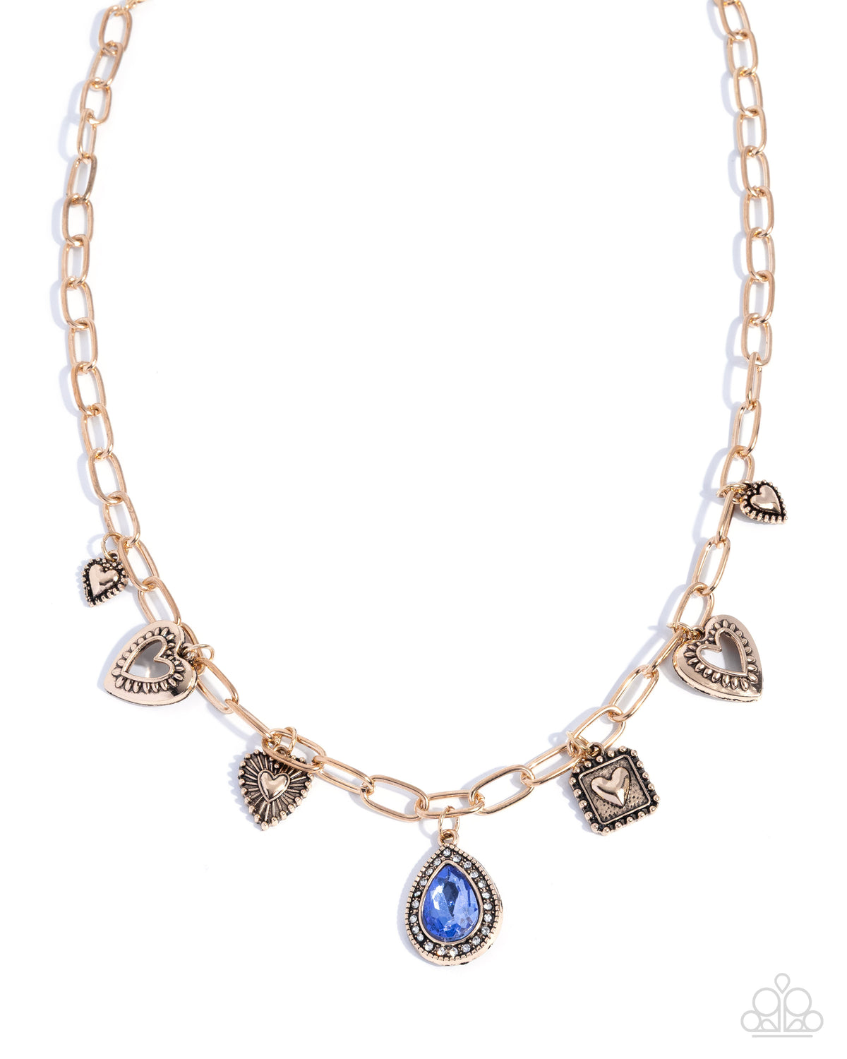 Flirtatious Framing Blue Gem & Antique Gold Heart Necklace - Paparazzi Accessories- lightbox - CarasShop.com - Paparazzi Jewelry by Cara Jewels