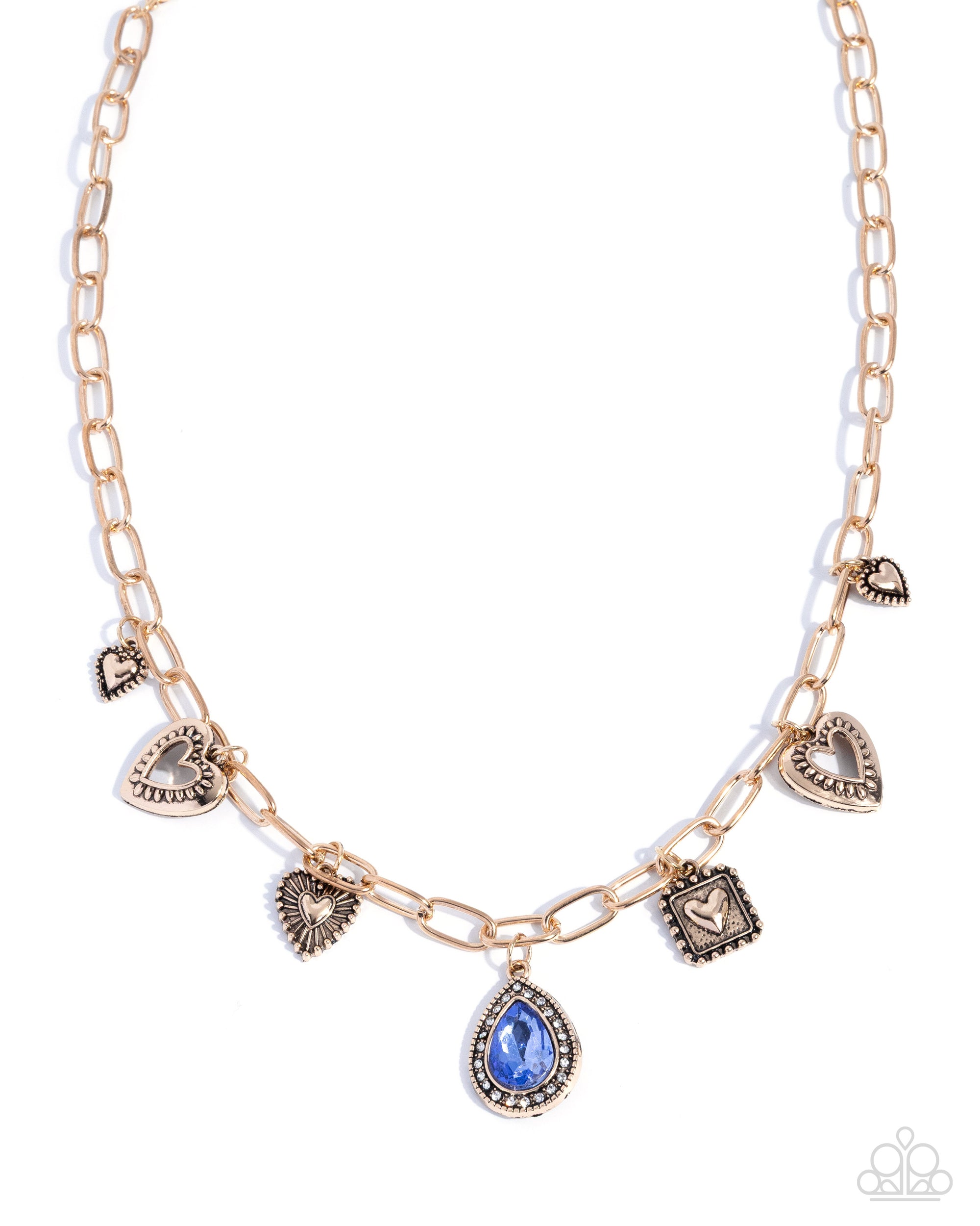 Flirtatious Framing Blue Gem & Antique Gold Heart Necklace - Paparazzi Accessories- lightbox - CarasShop.com - Paparazzi Jewelry by Cara Jewels