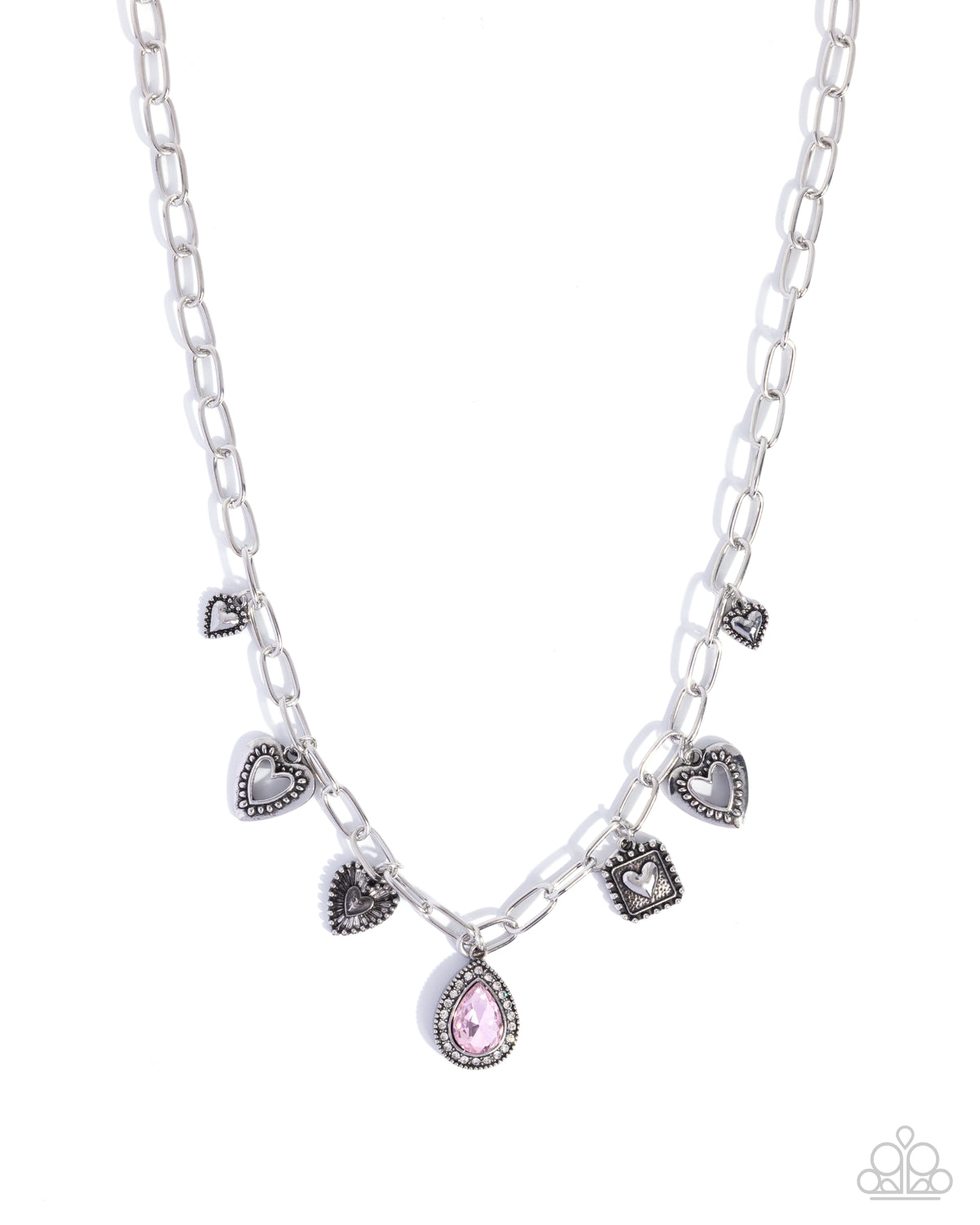 Flirtatious Framing Pink Gem & Heart Charm Necklace - Paparazzi Accessories- lightbox - CarasShop.com - Paparazzi Jewelry by Cara Jewels