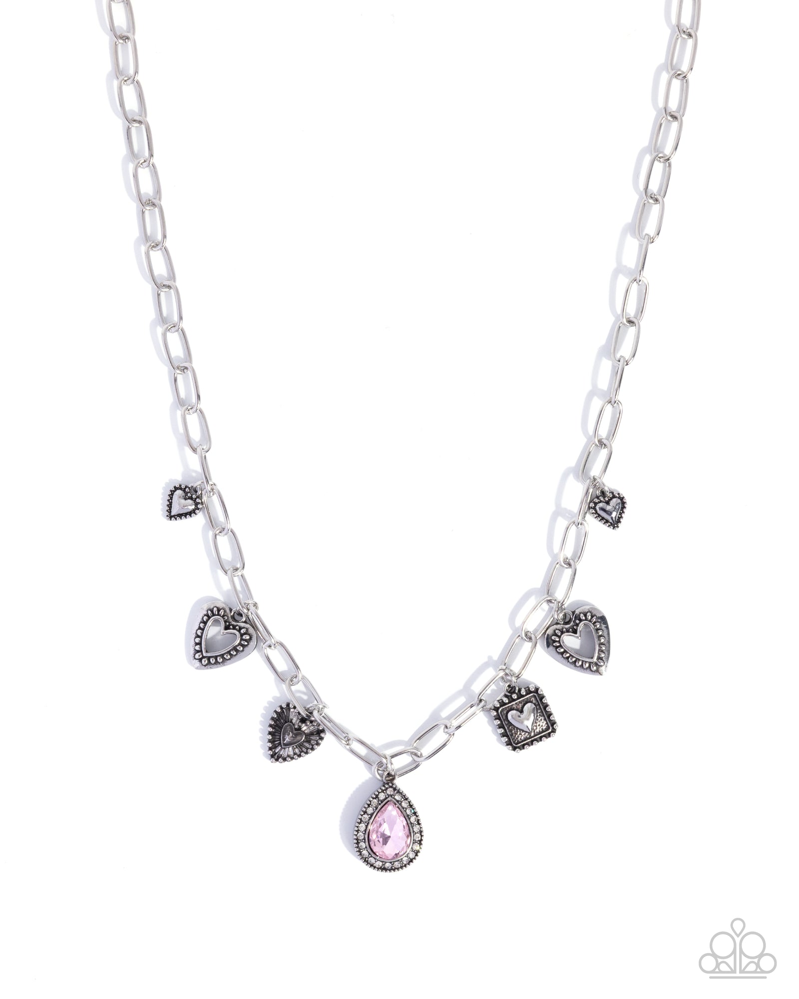 Flirtatious Framing Pink Gem & Heart Charm Necklace - Paparazzi Accessories- lightbox - CarasShop.com - Paparazzi Jewelry by Cara Jewels