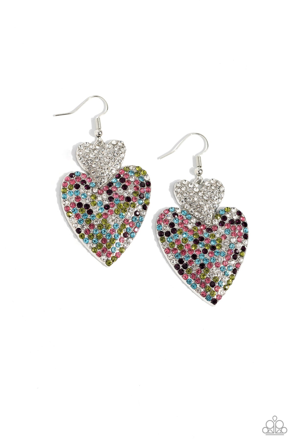 Flirting Flourish White & Multi Rhinestone Heart Earrings - Paparazzi Accessories- lightbox - CarasShop.com - Paparazzi Jewelry by Cara Jewels