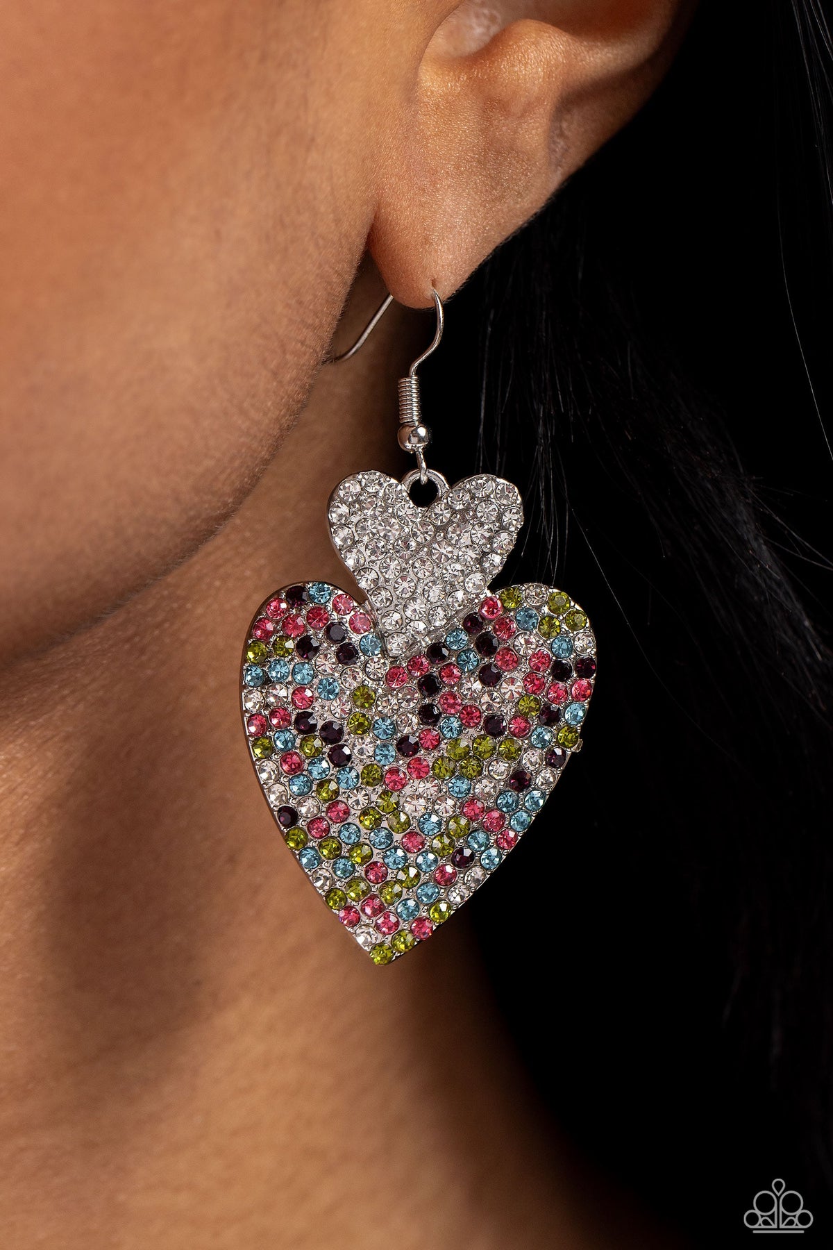 Flirting Flourish White & Multi Rhinestone Heart Earrings - Paparazzi Accessories- on model - CarasShop.com - Paparazzi Jewelry by Cara Jewels