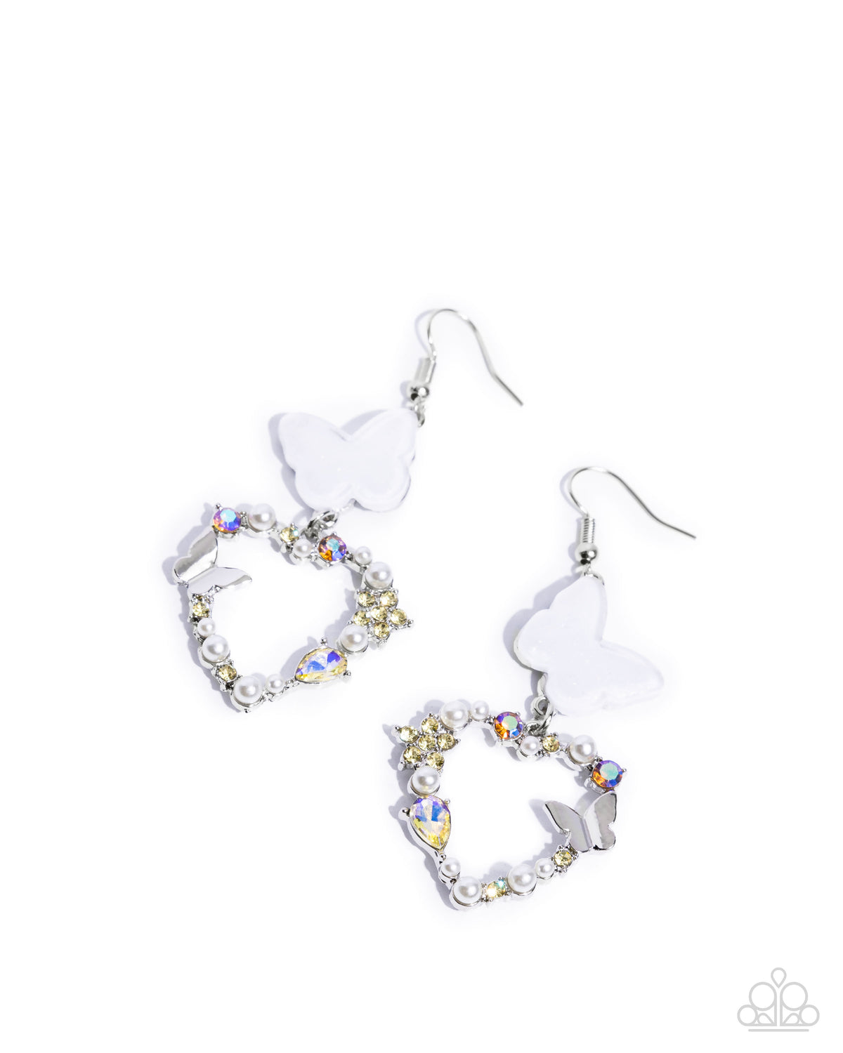 Flirty Flight Yellow & White Butterfly & Heart Earrings - Paparazzi Accessories- lightbox - CarasShop.com - Paparazzi Jewelry by Cara Jewels