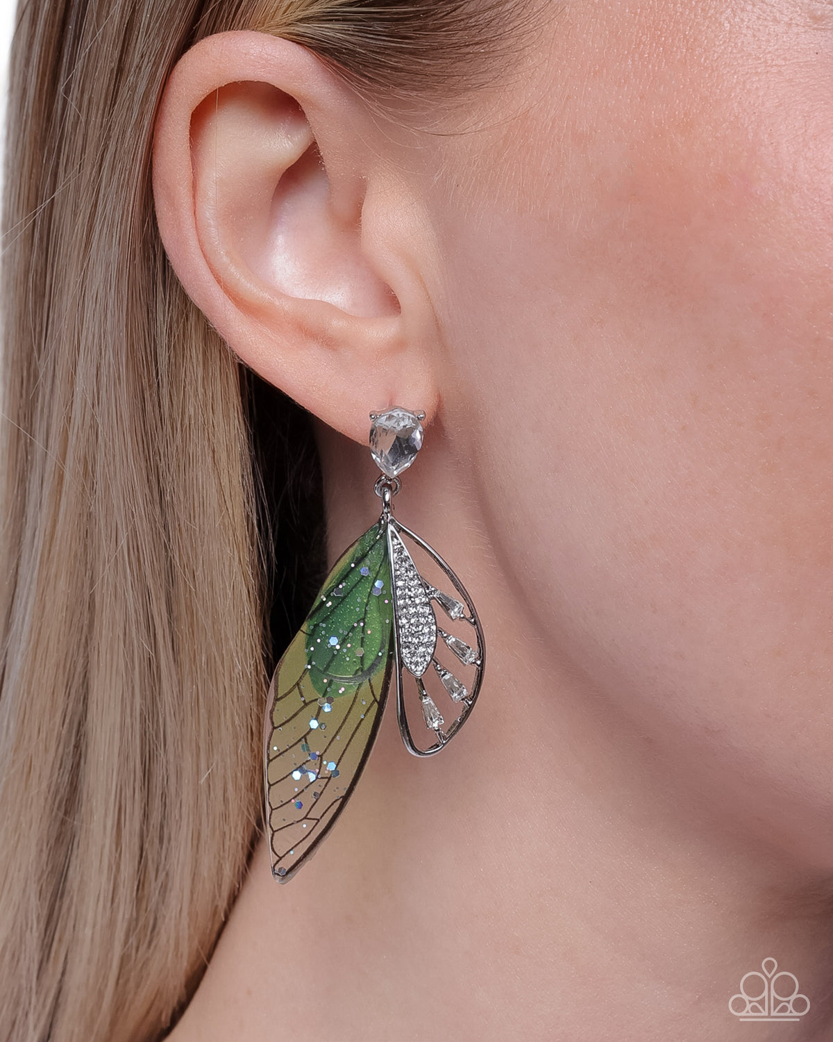 Floating Facade Multi Green Dragonfly Wing Earrings - Paparazzi Accessories-on model - CarasShop.com - Paparazzi Jewelry by Cara Jewels