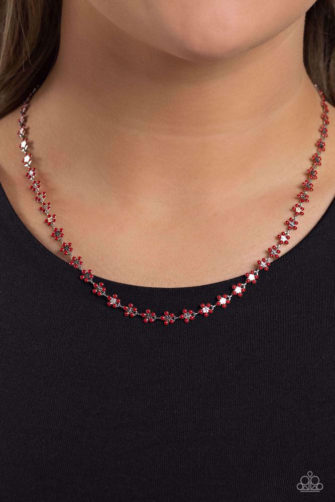 Floral Catwalk Red Necklace - Paparazzi Accessories- on model - CarasShop.com - Paparazzi Jewelry by Cara Jewels