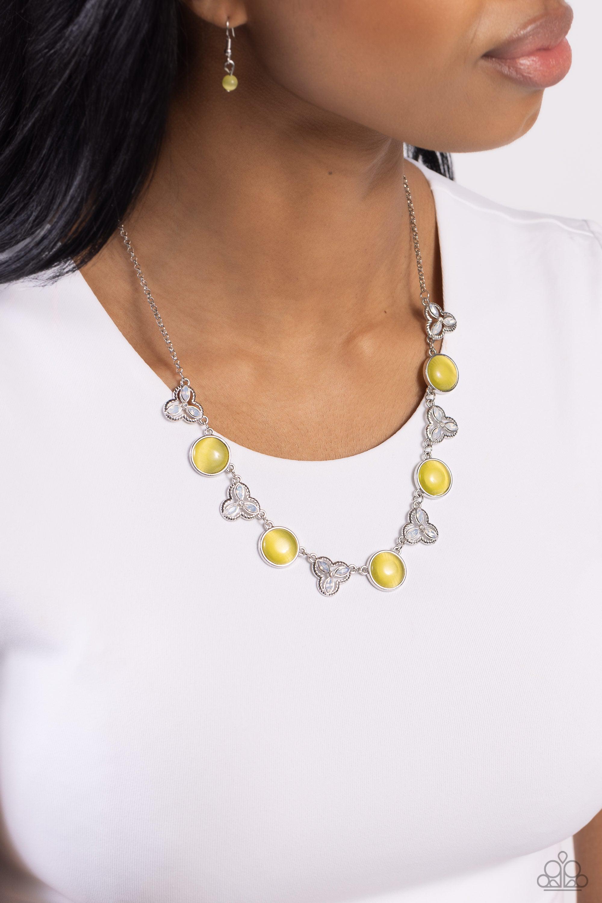 Floral Crowned Yellow Cat's Eye Stone Necklace - Paparazzi Accessories- lightbox - CarasShop.com - Paparazzi Jewelry by Cara Jewels