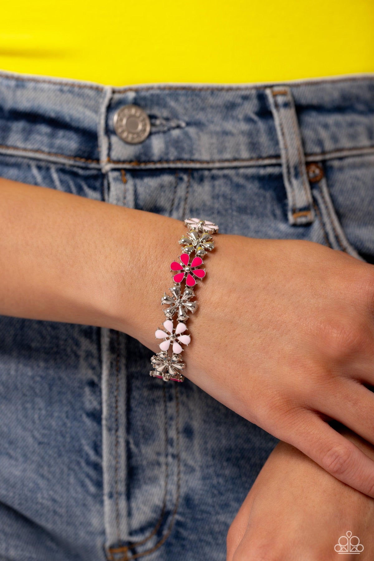 Floral Fair Pink Bracelet - Paparazzi Accessories- on model - CarasShop.com - Paparazzi Jewelry by Cara Jewels