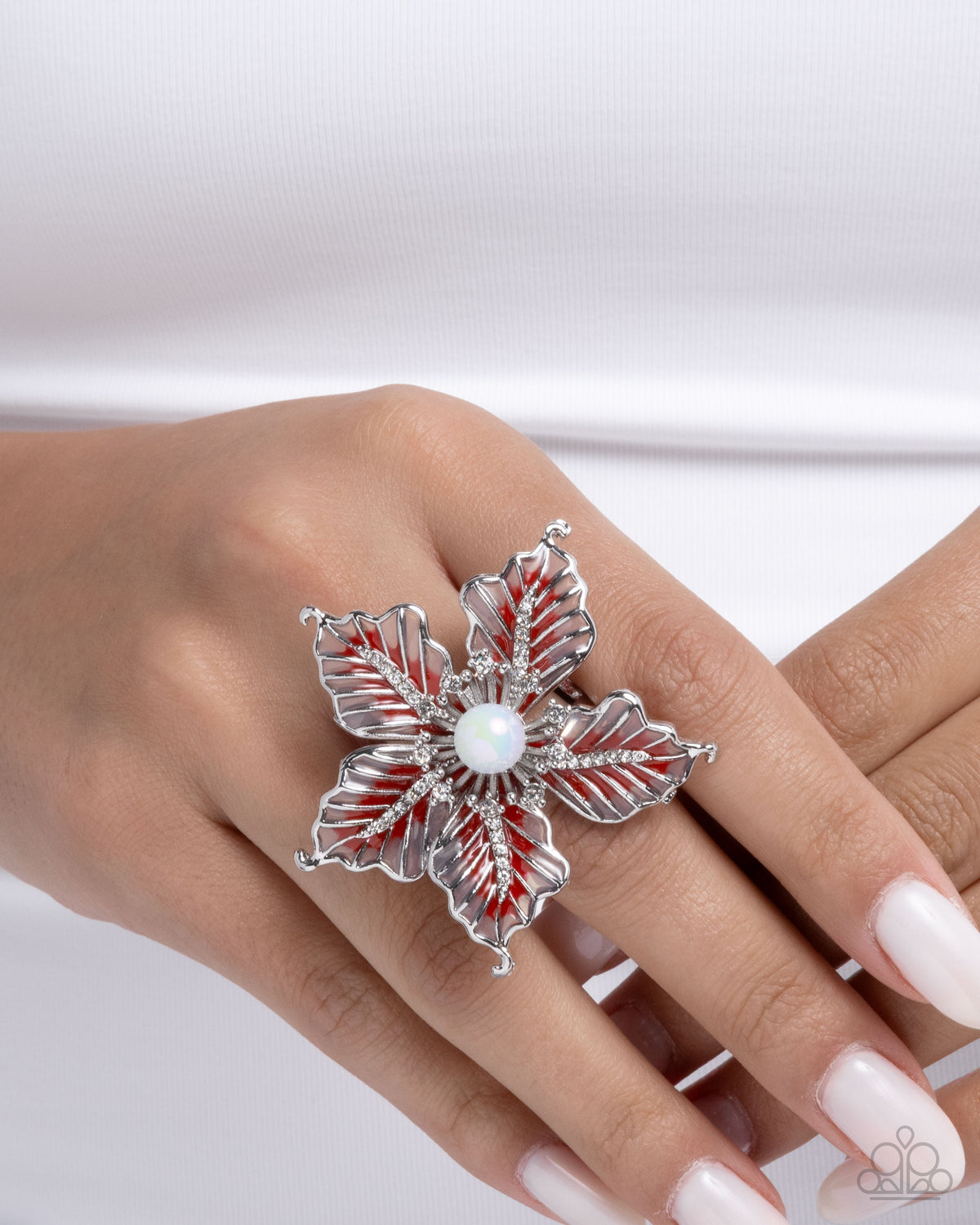 FLORAL Family Red & White Rhinestone Flower Ring - Paparazzi Accessories-on model - CarasShop.com - Paparazzi Jewelry by Cara Jewels