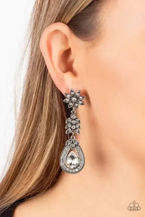 Floral Fantasy White Earrings - Paparazzi Accessories- on model - CarasShop.com - Paparazzi Jewelry by Cara Jewels