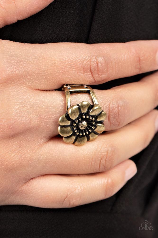 Floral Farmstead Brass Ring - Paparazzi Accessories- on model - CarasShop.com - Paparazzi Jewelry by Cara Jewels