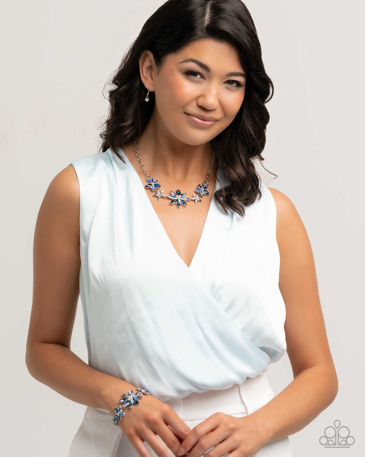 Floral Feature and Floral Factor Blue Rhinestone Necklace and Bracelet Set - Paparazzi Accessories- lightbox - CarasShop.com - Paparazzi Jewelry by Cara Jewels