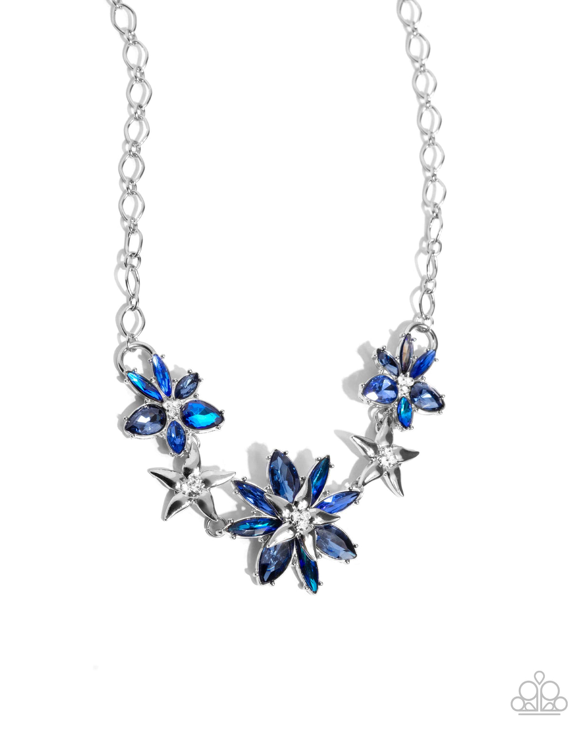 Floral Feature and Floral Factor Blue Rhinestone Necklace and Bracelet Set - Paparazzi Accessories- on model - CarasShop.com - Paparazzi Jewelry by Cara Jewels