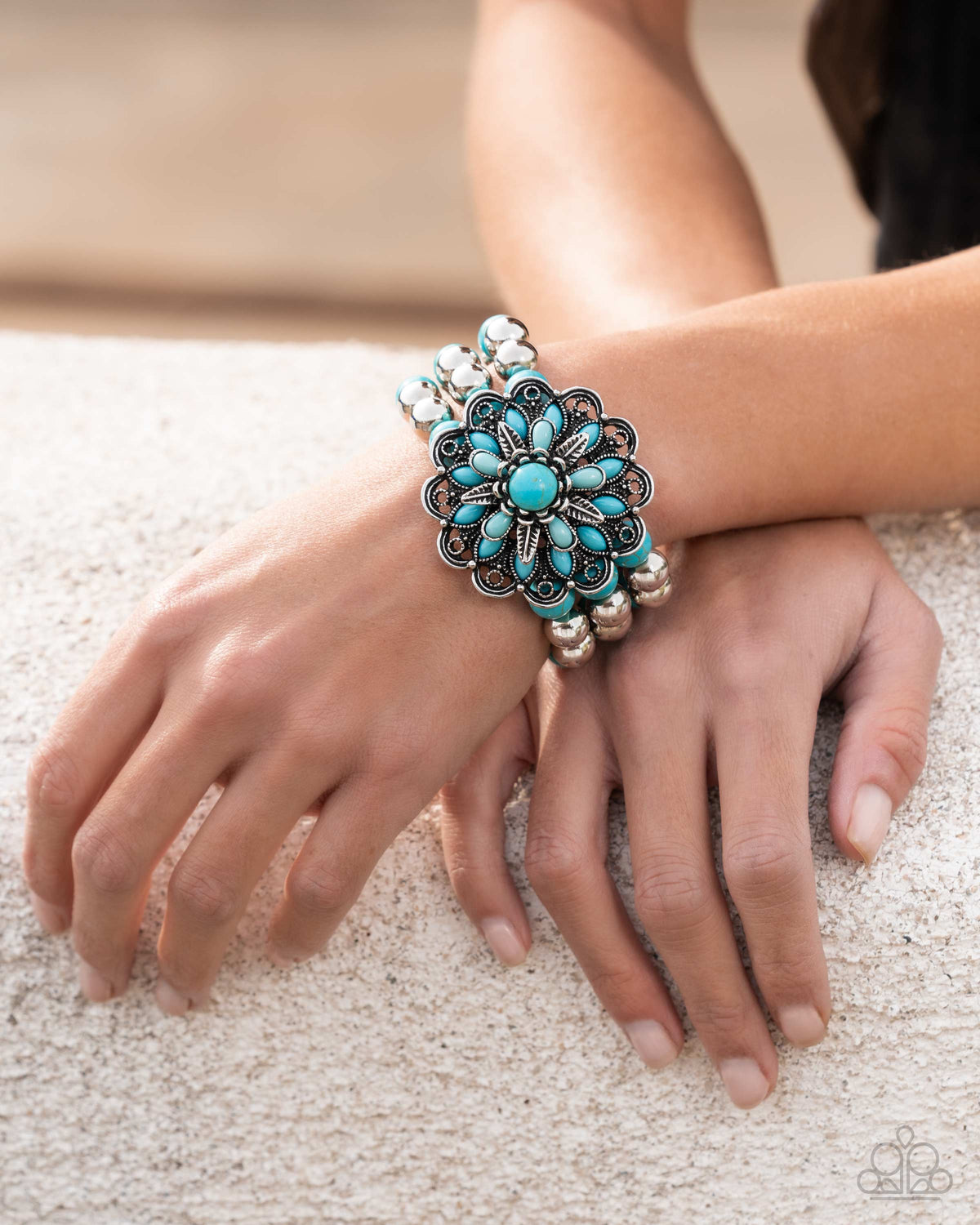 Floral Figment Turquoise Blue Stone Flower Bracelet - Paparazzi Accessories- on model - CarasShop.com - Paparazzi Jewelry by Cara Jewels
