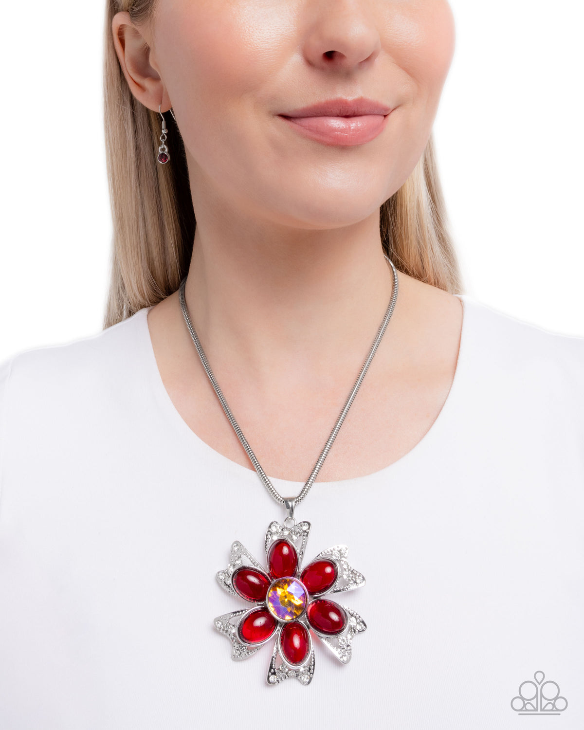 Floral Figurehead Red Flower Necklace - Paparazzi Accessories-on model - CarasShop.com - Paparazzi Jewelry by Cara Jewels
