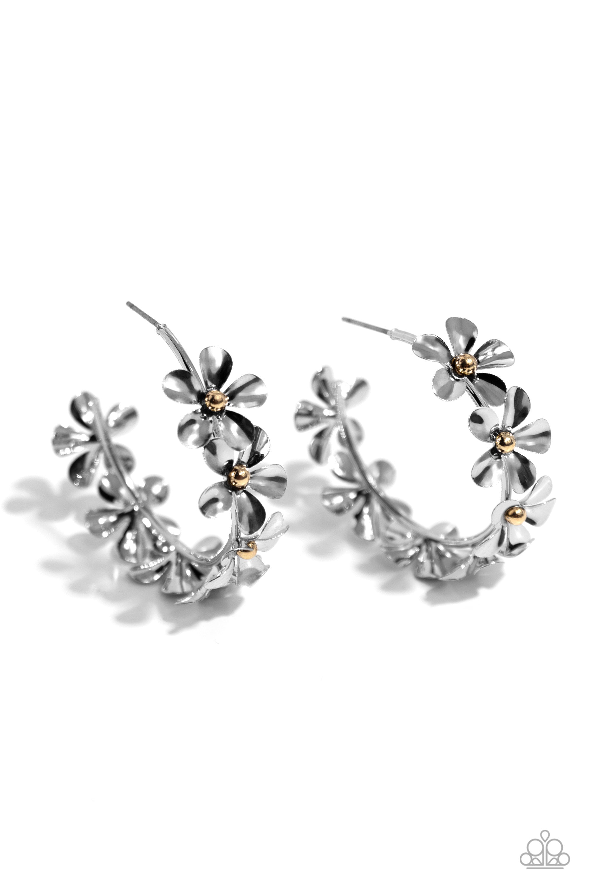 Floral Flamenco Silver Flower Hoop Earrings - Paparazzi Accessories- lightbox - CarasShop.com - Paparazzi Jewelry by Cara Jewels