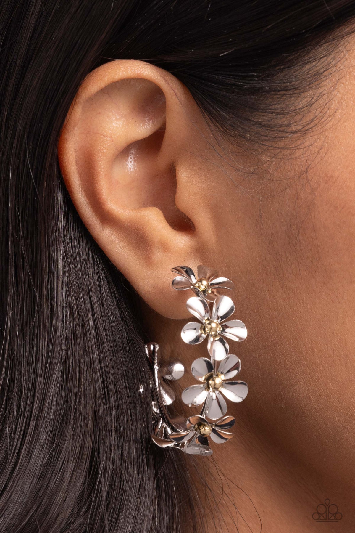 Floral Flamenco Silver Flower Hoop Earrings - Paparazzi Accessories- on model - CarasShop.com - Paparazzi Jewelry by Cara Jewels