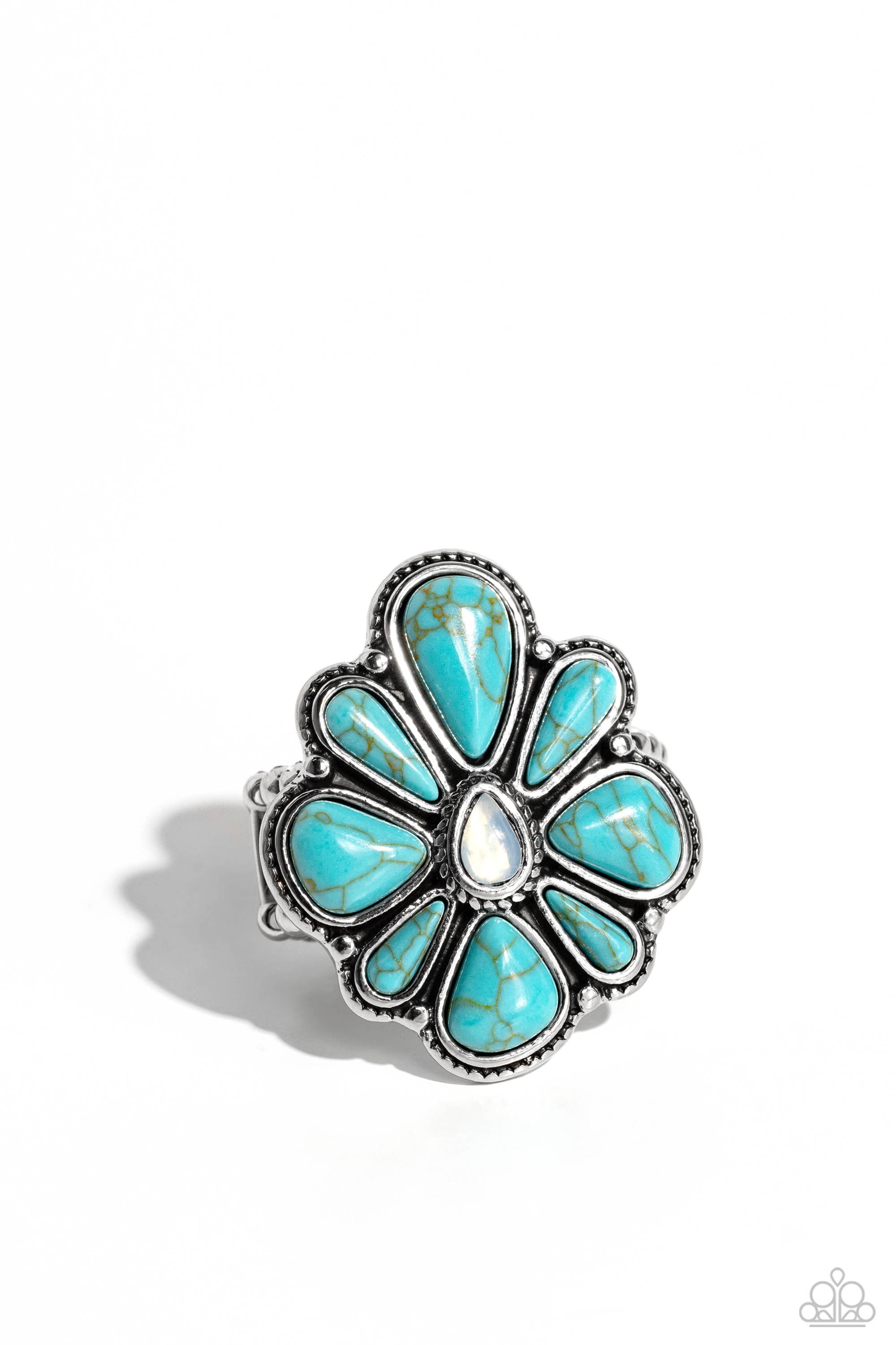 Floral Folklore Turquoise Blue Stone Flower Ring - Paparazzi Accessories- lightbox - CarasShop.com - Paparazzi Jewelry by Cara Jewels