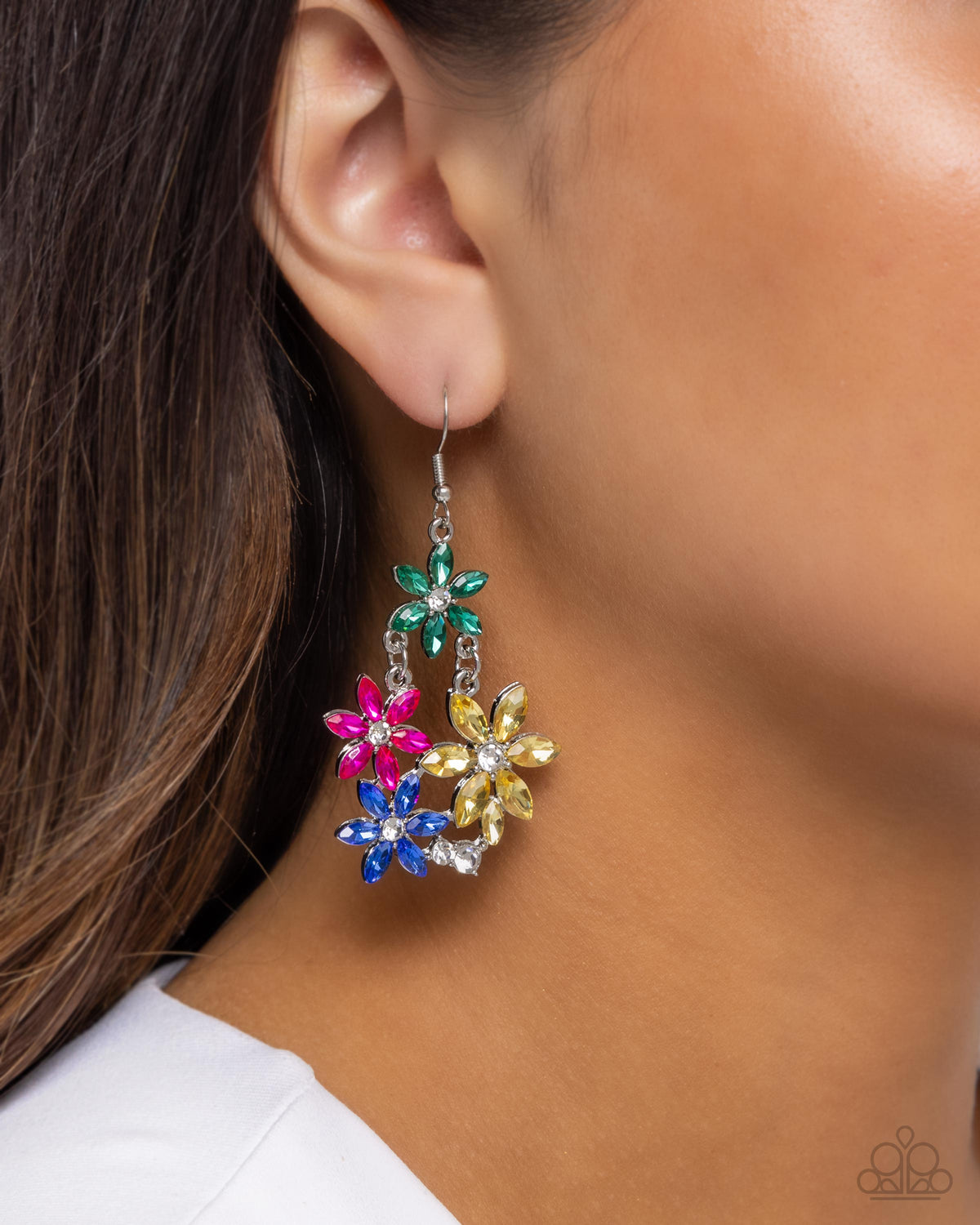 Floral Founder Multi Rhinestone Flower Earrings - Paparazzi Accessories- on model - CarasShop.com - Paparazzi Jewelry by Cara Jewels
