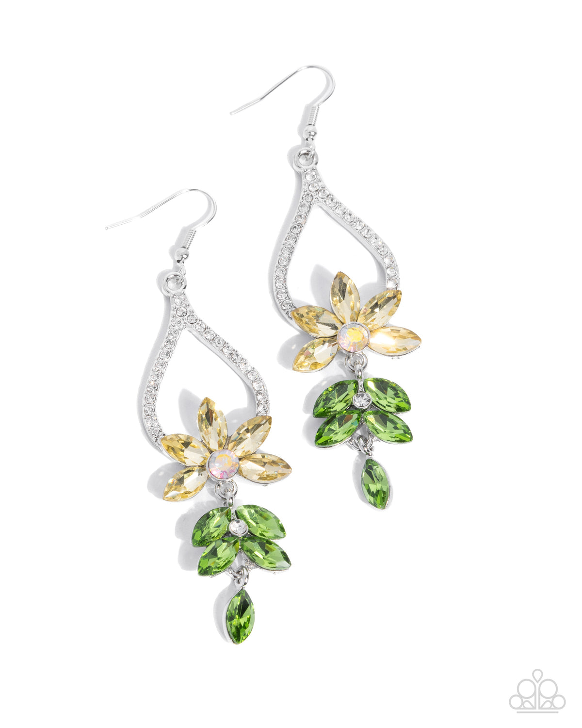 Floral Fuss Yellow & Green Rhinestone Earrings - Paparazzi Accessories- lightbox - CarasShop.com - Paparazzi Jewelry by Cara Jewels