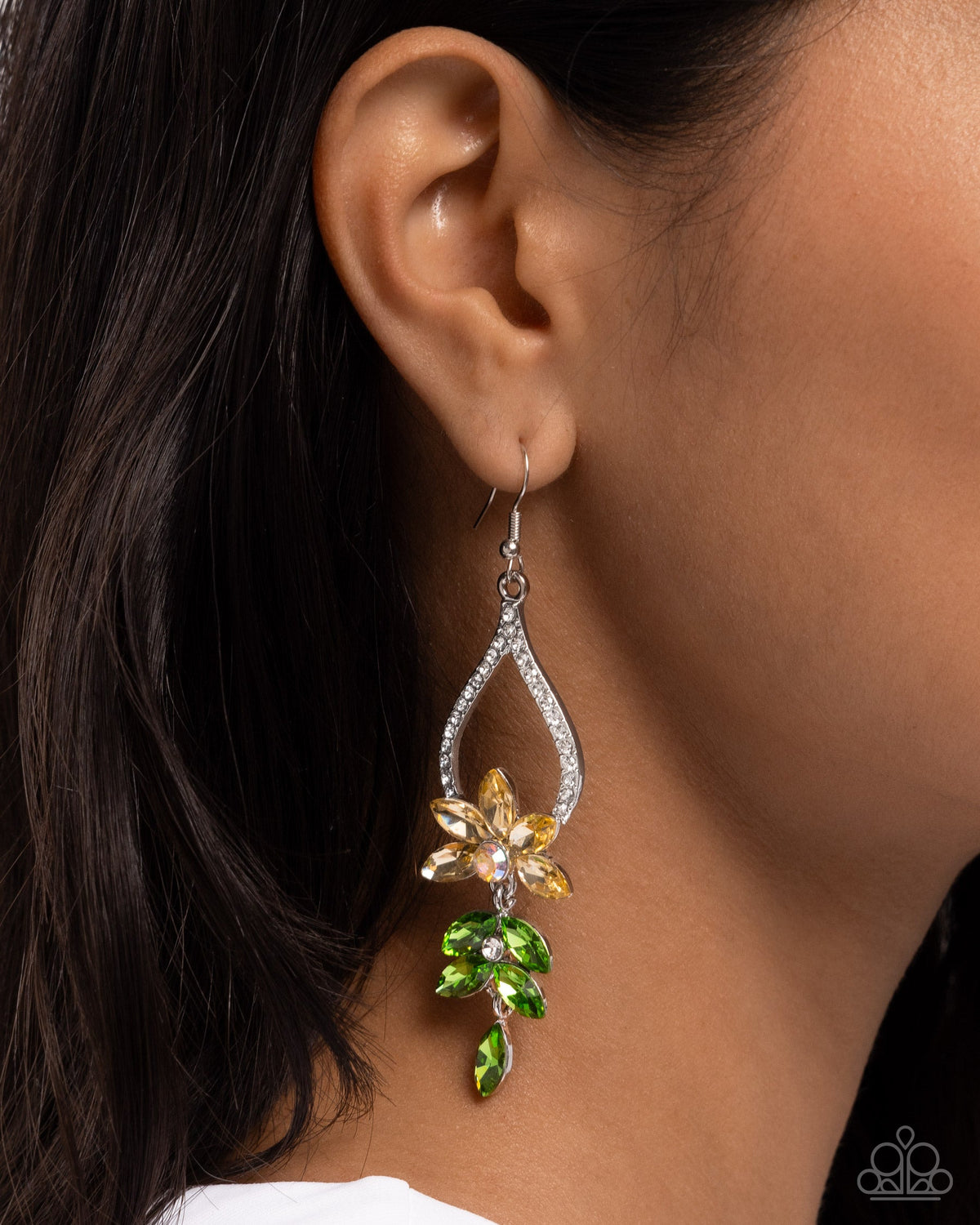 Floral Fuss Yellow & Green Rhinestone Earrings - Paparazzi Accessories- on model - CarasShop.com - Paparazzi Jewelry by Cara Jewels