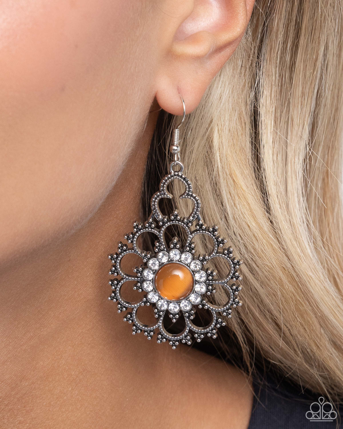 Floral Renaissance Orange Cats Eye Earrings - Paparazzi Accessories-on model - CarasShop.com - Paparazzi Jewelry by Cara Jewels