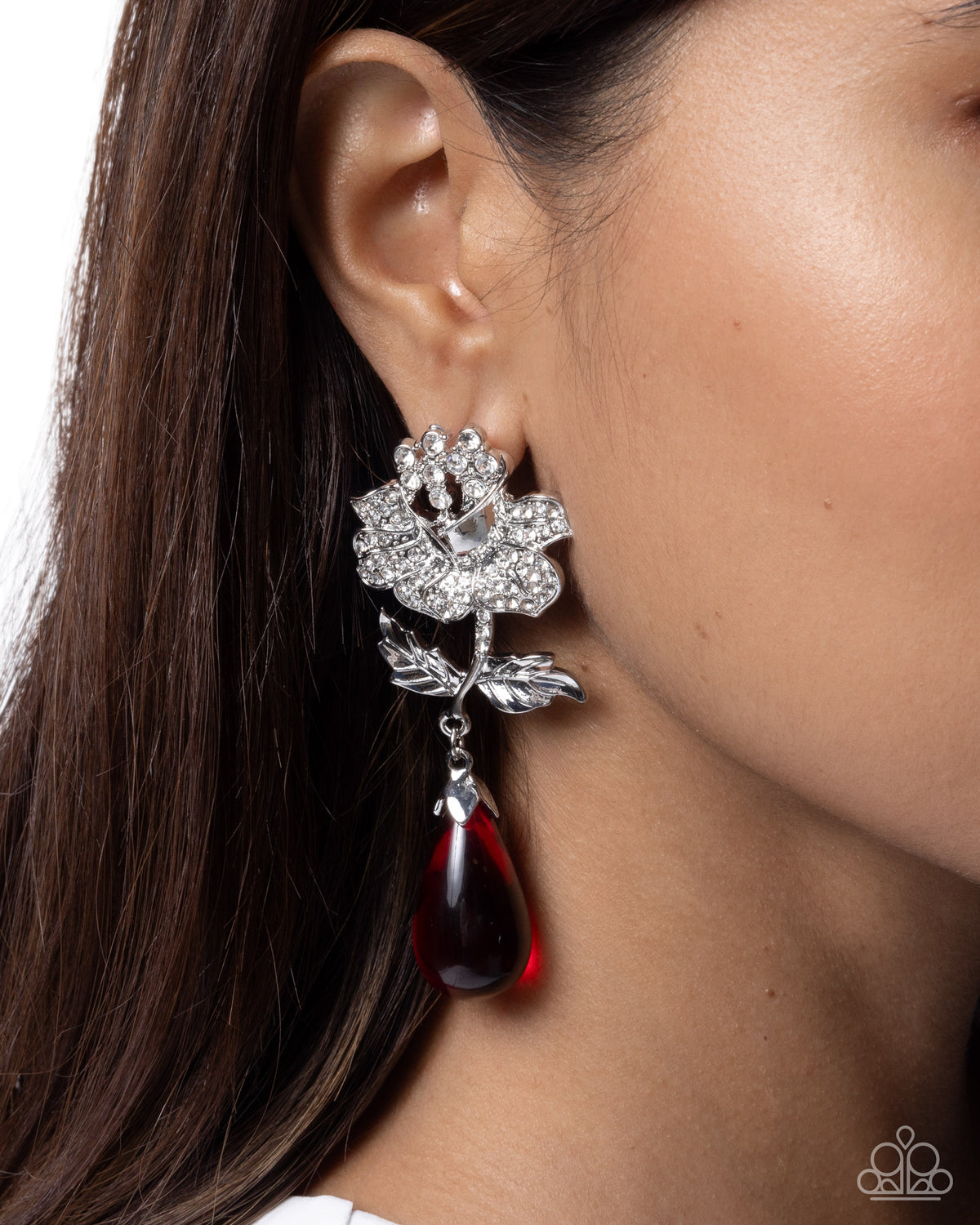 Flourishing Fringe Red & Silver Floral Earrings - Paparazzi Accessories-on model - CarasShop.com - Paparazzi Jewelry by Cara Jewels