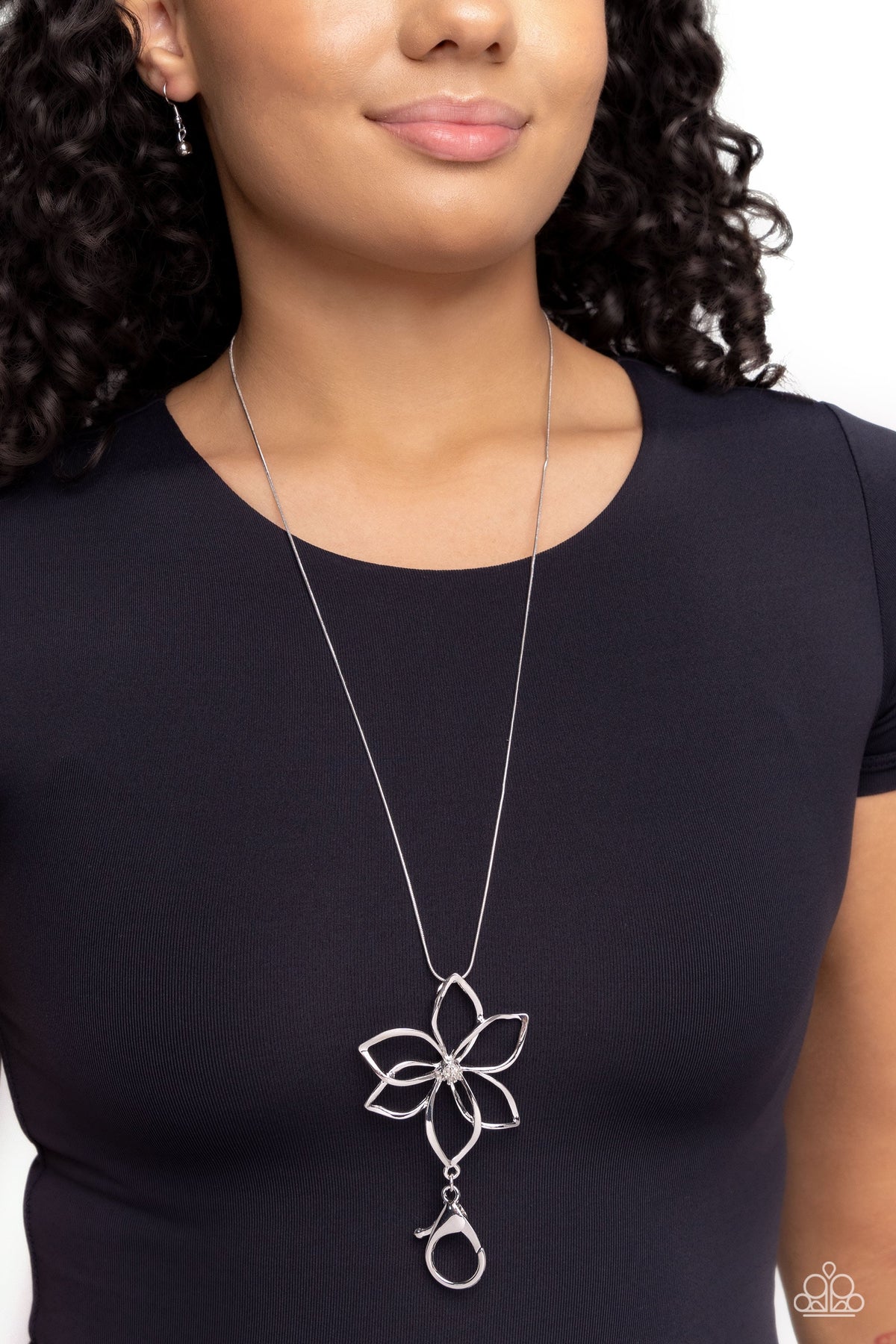 Flowering Fame Silver Lanyard Necklace - Paparazzi Accessories- on model - CarasShop.com - Paparazzi Jewelry by Cara Jewels