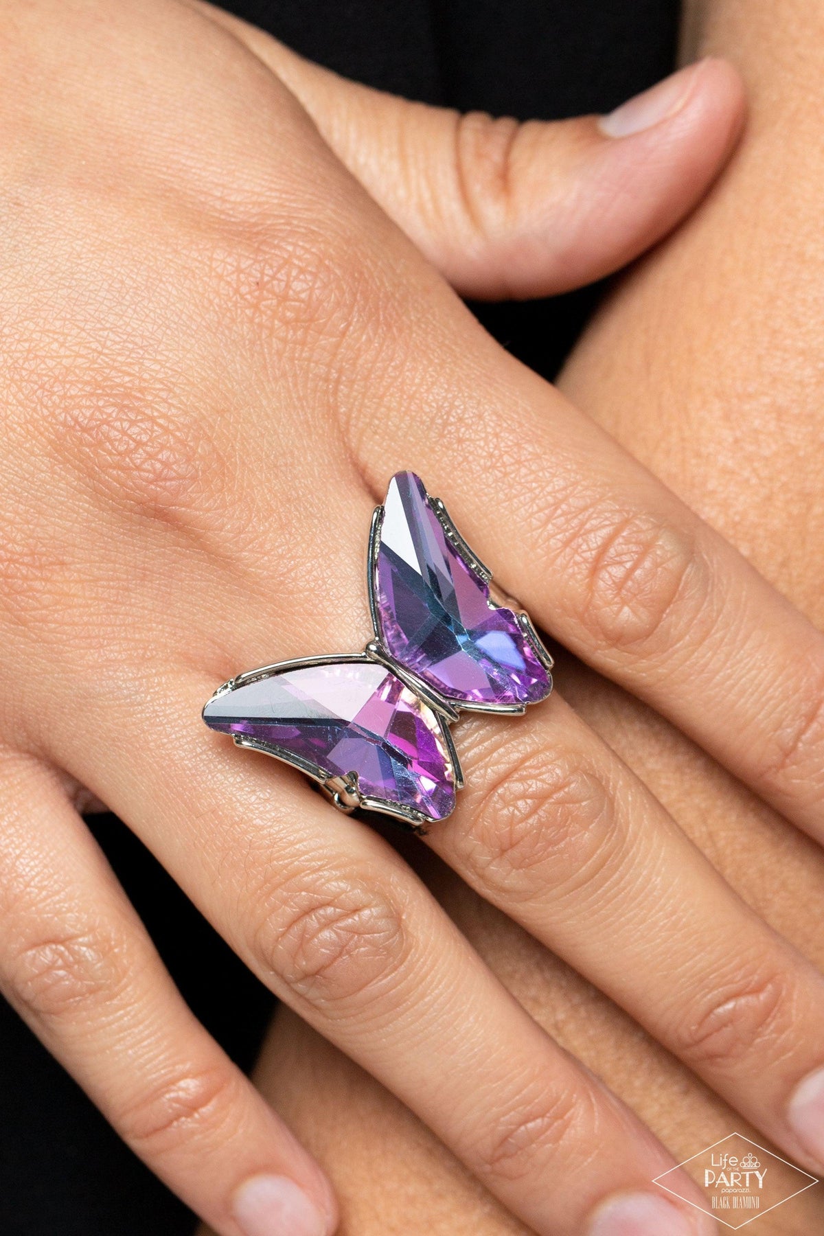 Fluorescent Flutter Purple Butterfly Ring - Paparazzi Accessories- on model - CarasShop.com - Paparazzi Jewelry by Cara Jewels
