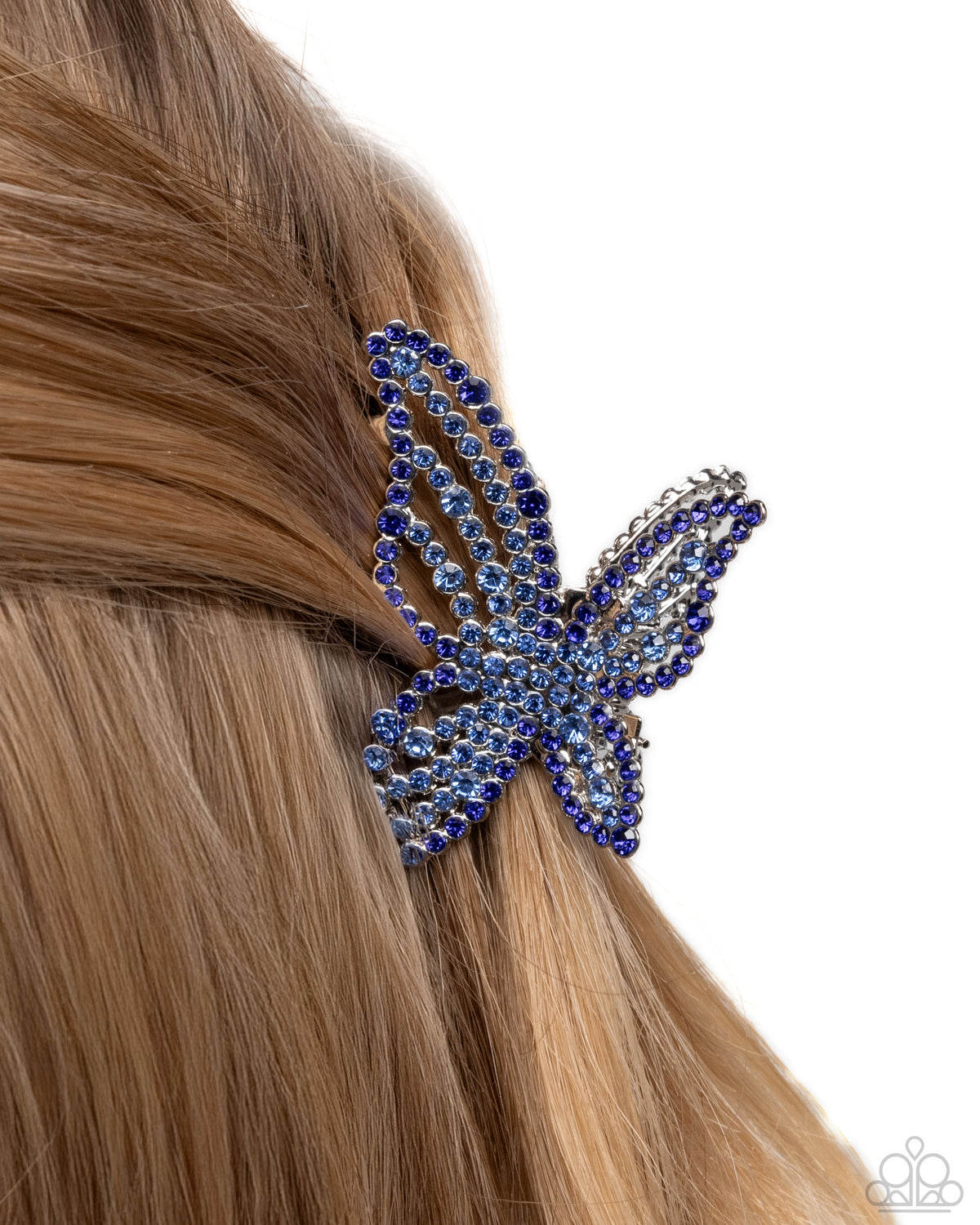 Fluttering Falsetto Blue Rhinestone Butterfly Hair Clip - Paparazzi Accessories- on model - CarasShop.com - Paparazzi Jewelry by Cara Jewels
